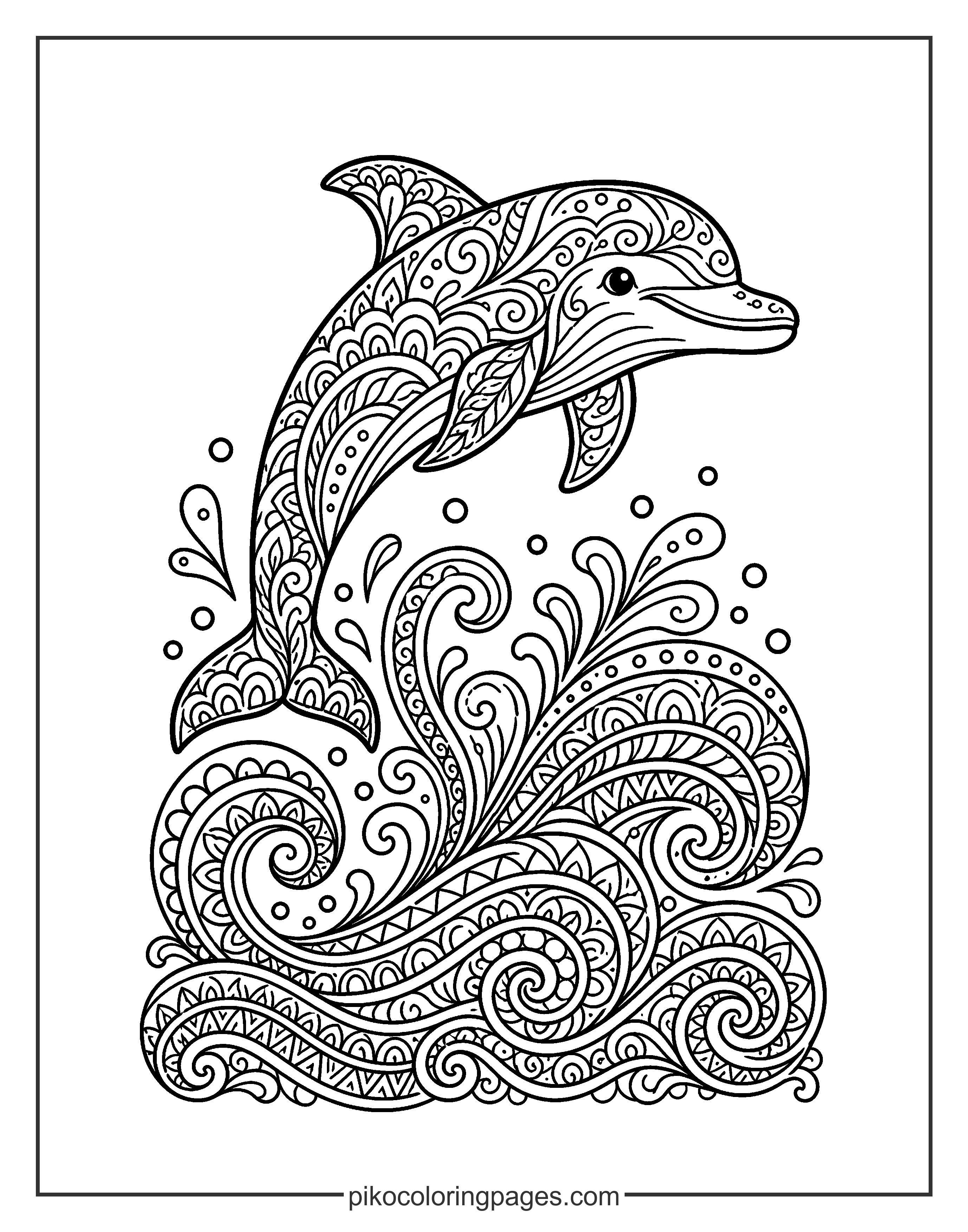 An artistic blend of a leaping dolphin and mandala waves. dolphin and wave mandala coloring page for adults