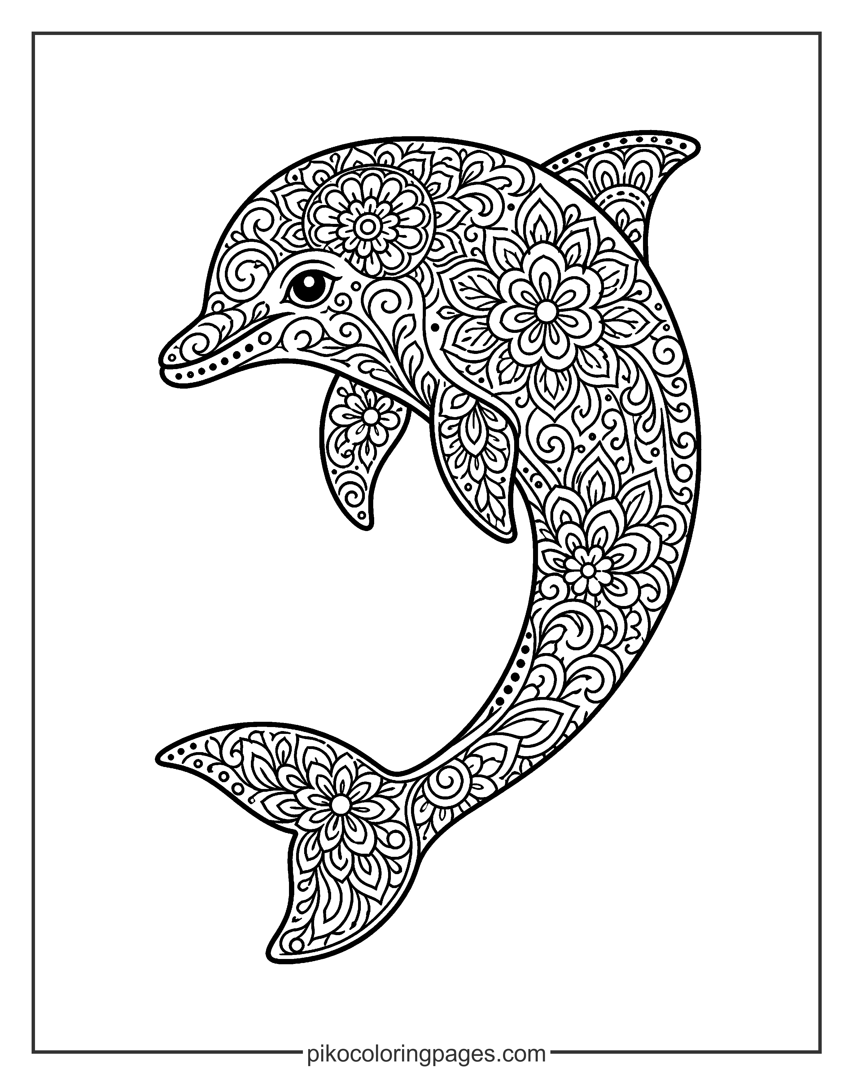 A beautiful dolphin filled with complex floral patterns. intricate dolphin mandala coloring page for adults and teens