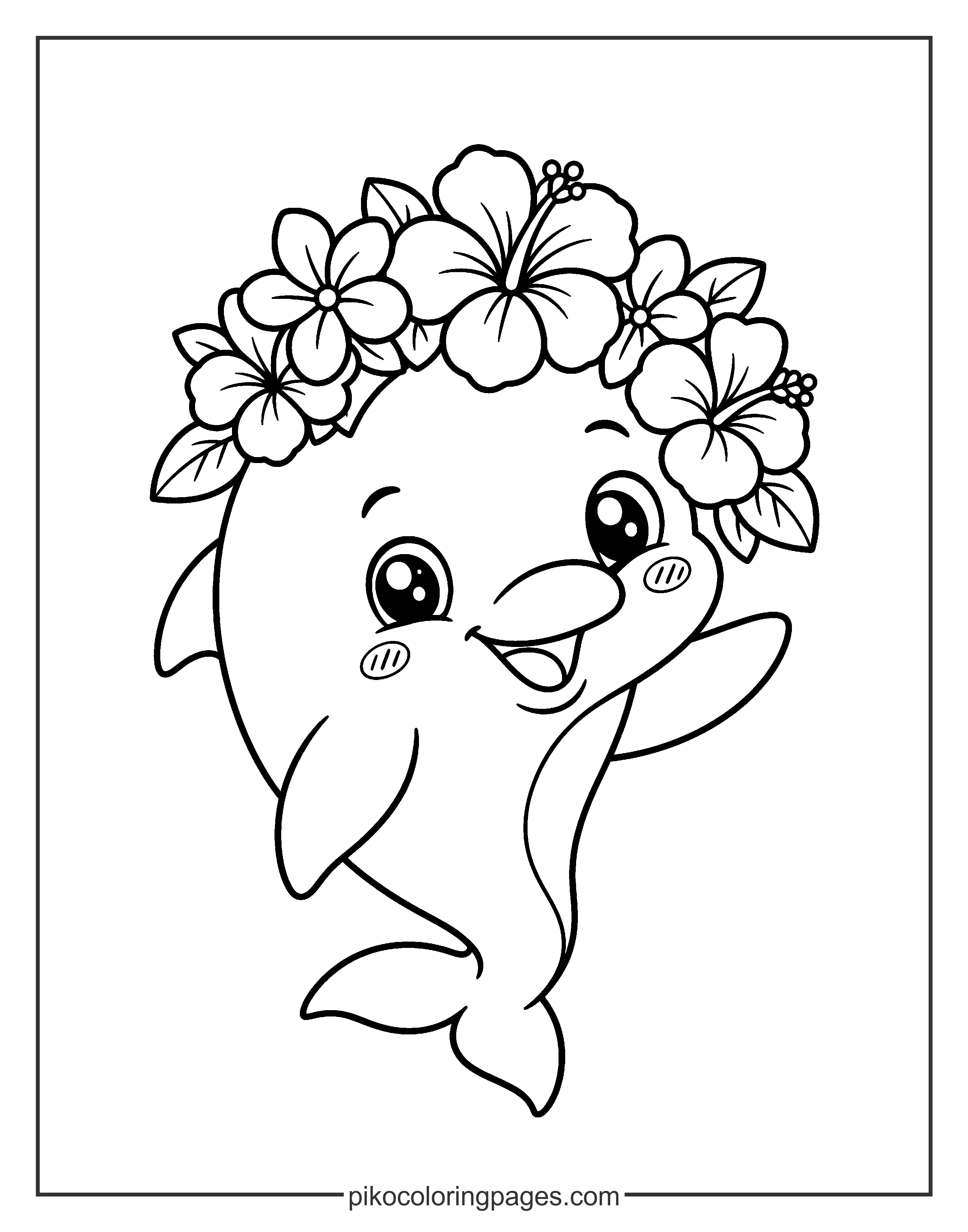 The prettiest dolphin in the tropical sea. cute baby dolphin with flower crown coloring page