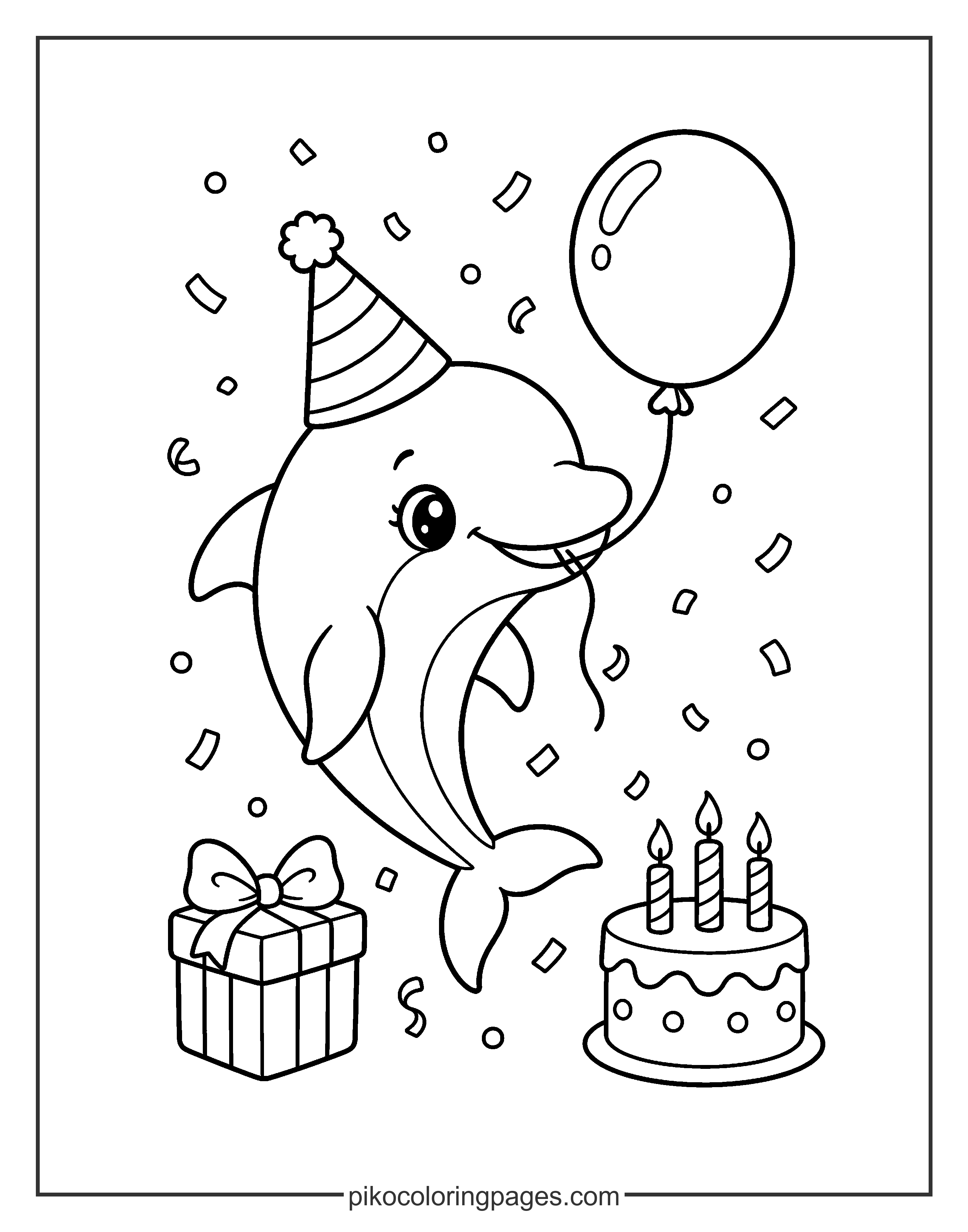 Time to celebrate with this birthday dolphin! cute birthday dolphin with balloon coloring page