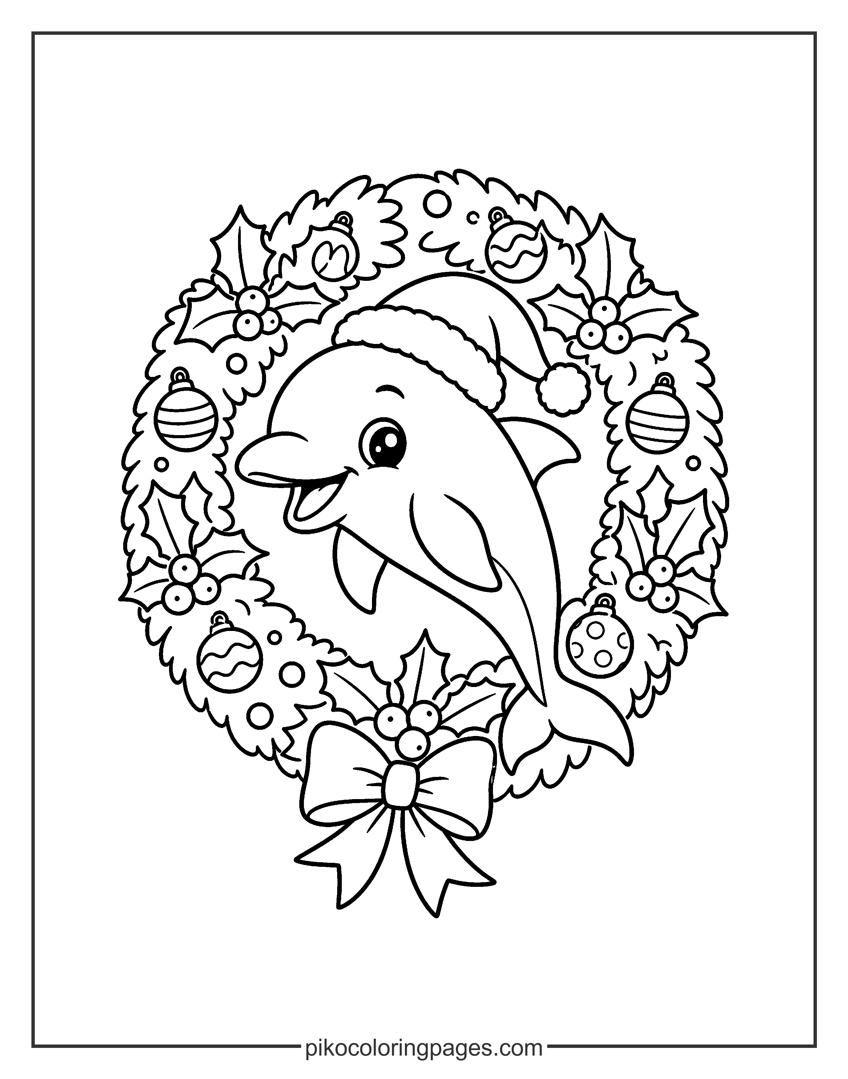 A very merry dolphin jumping into the holidays! Christmas dolphin with Santa hat coloring page