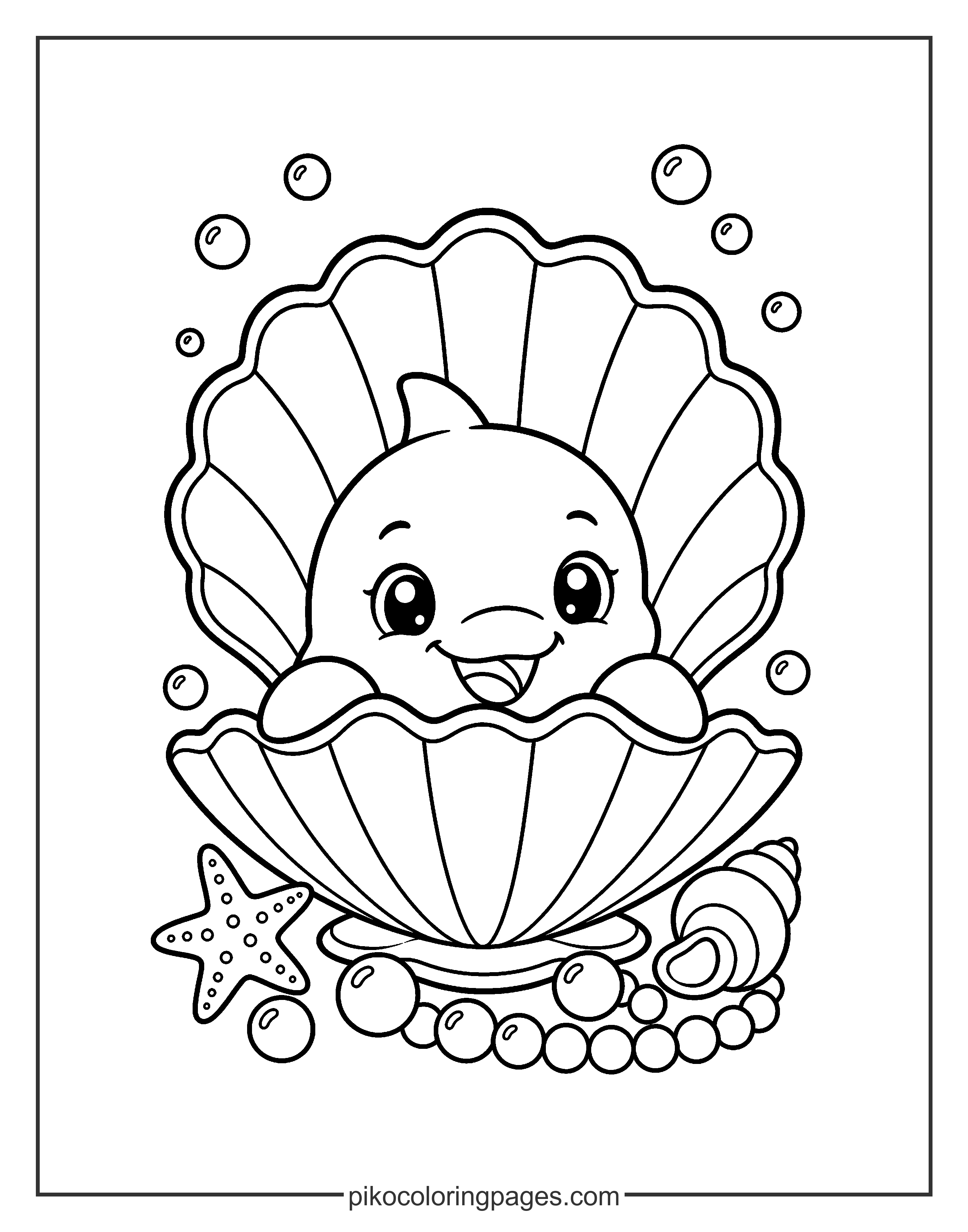 A little surprise inside the seashell! kawaii dolphin in a seashell coloring page