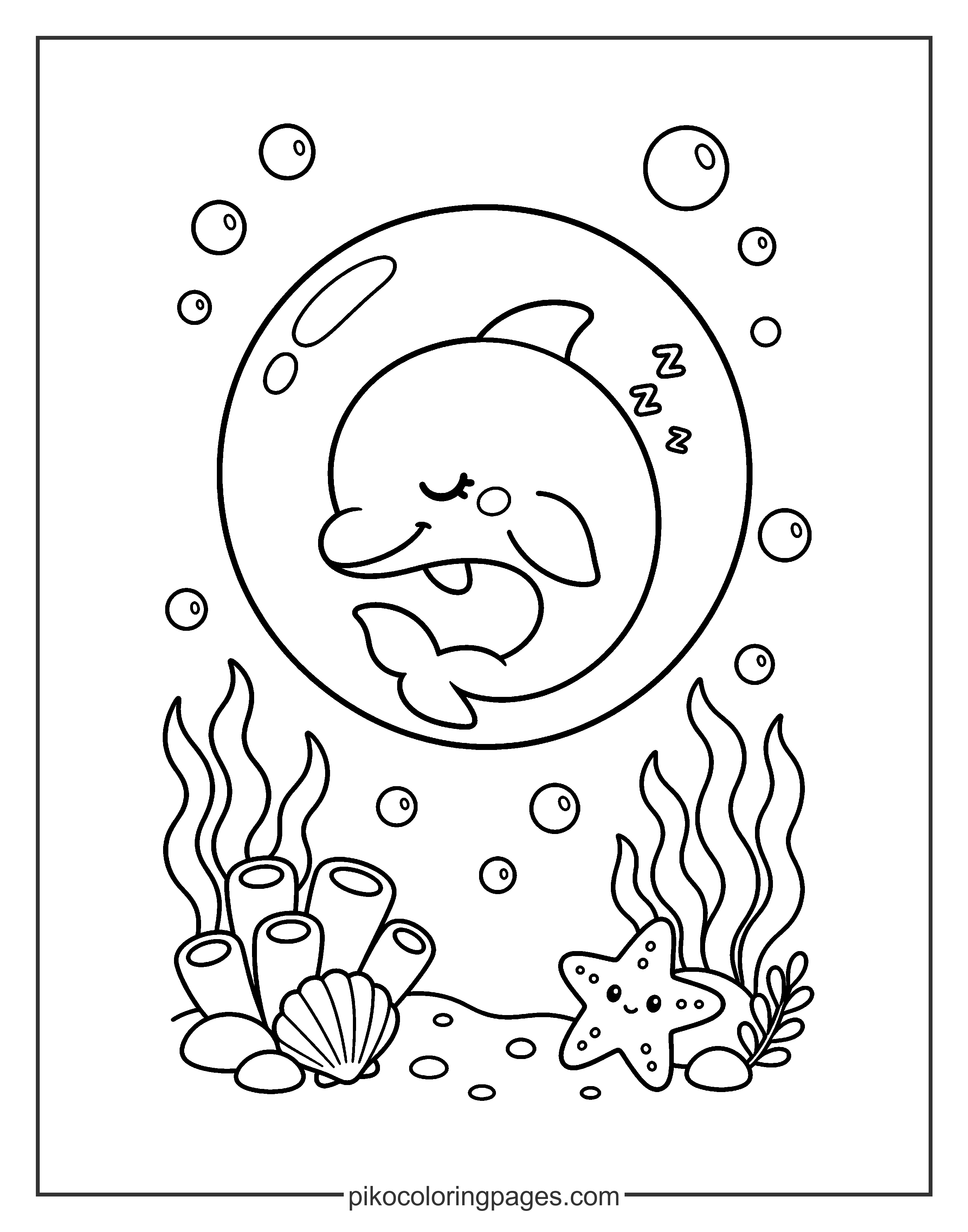 A peaceful nap inside a giant ocean bubble. cute dolphin sleeping in a bubble coloring sheet