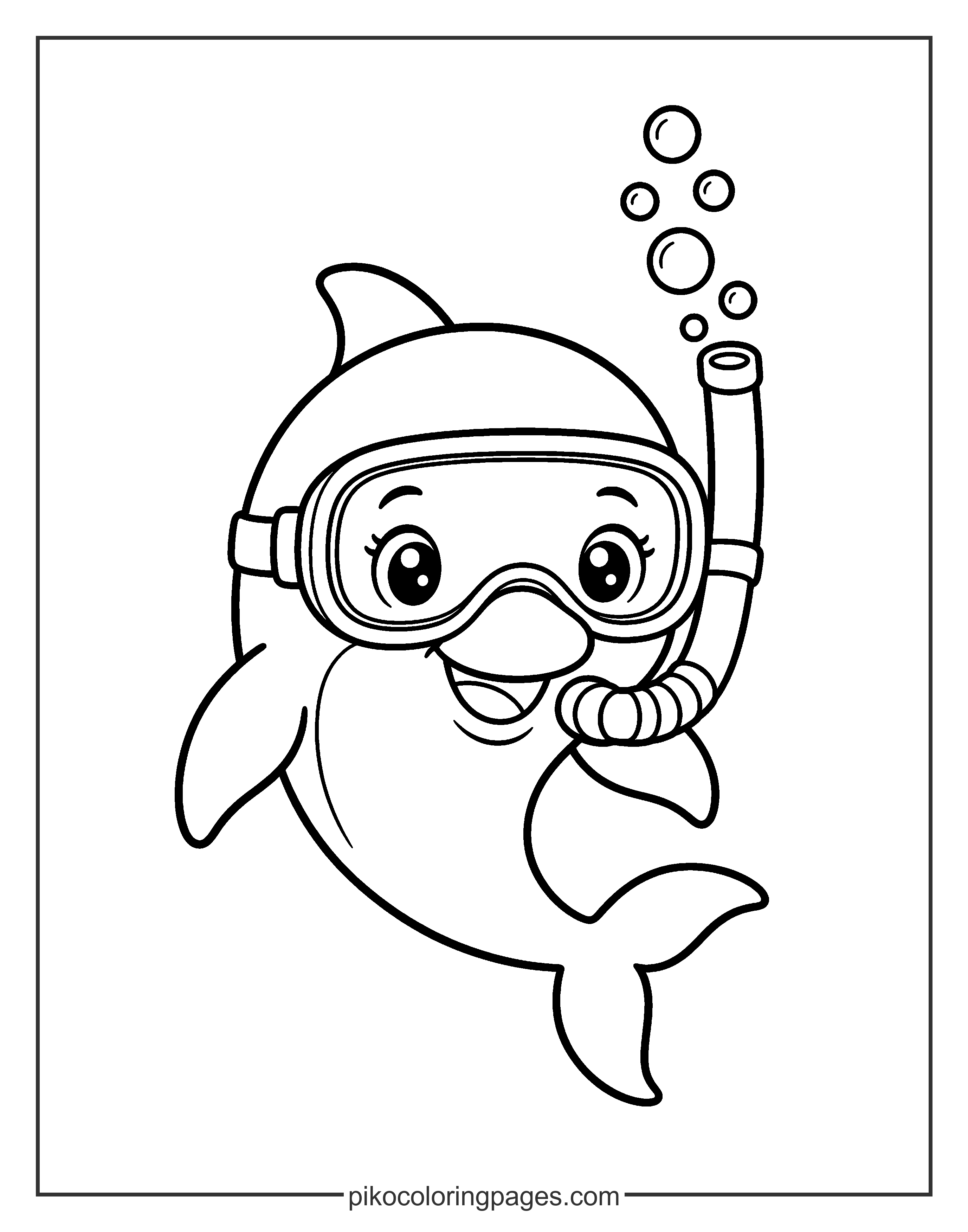 A dolphin ready for some deep-sea snorkeling! cute dolphin with snorkel and goggles coloring page