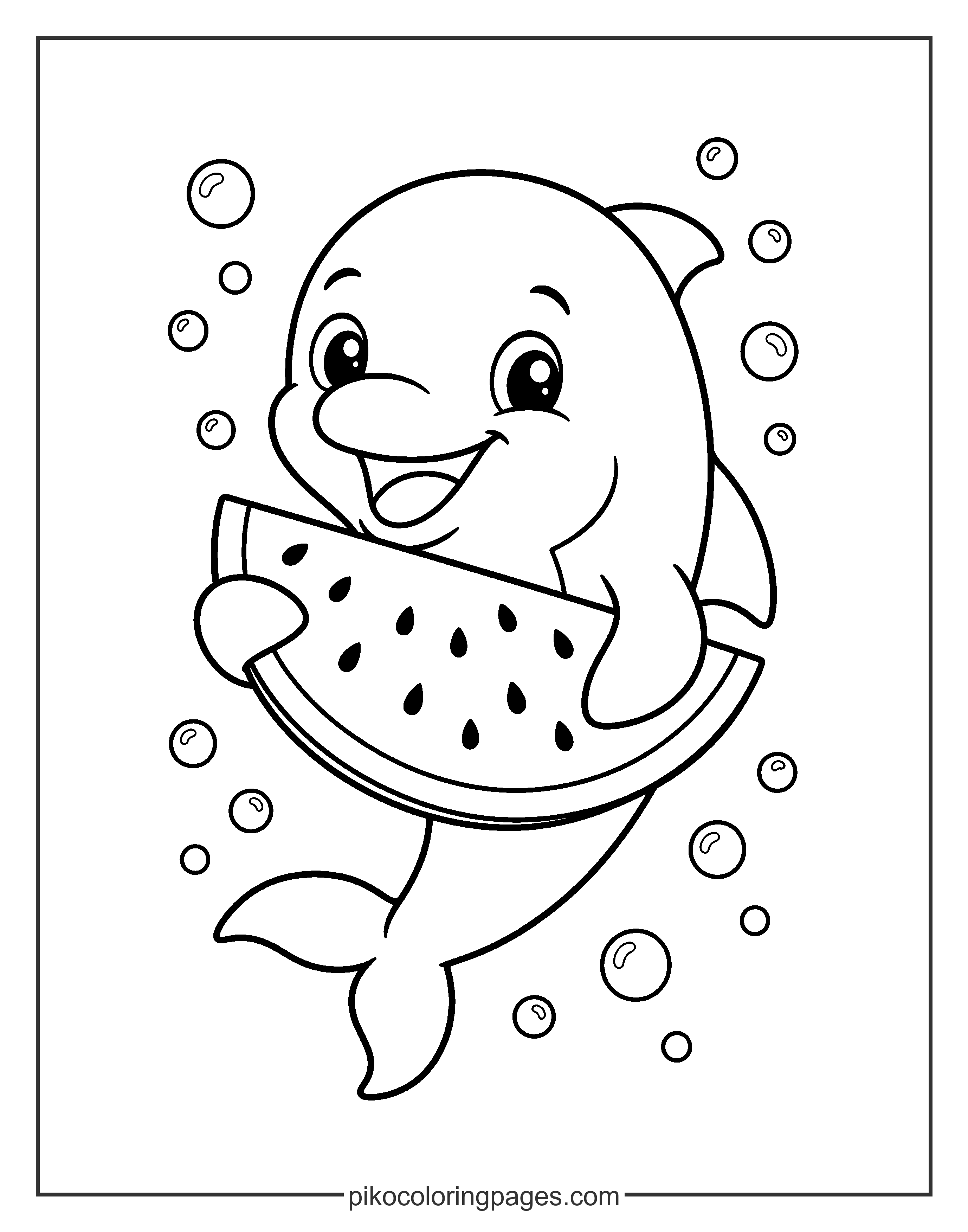 A playful dolphin enjoying a summer snack! cute kawaii dolphin eating watermelon coloring sheet