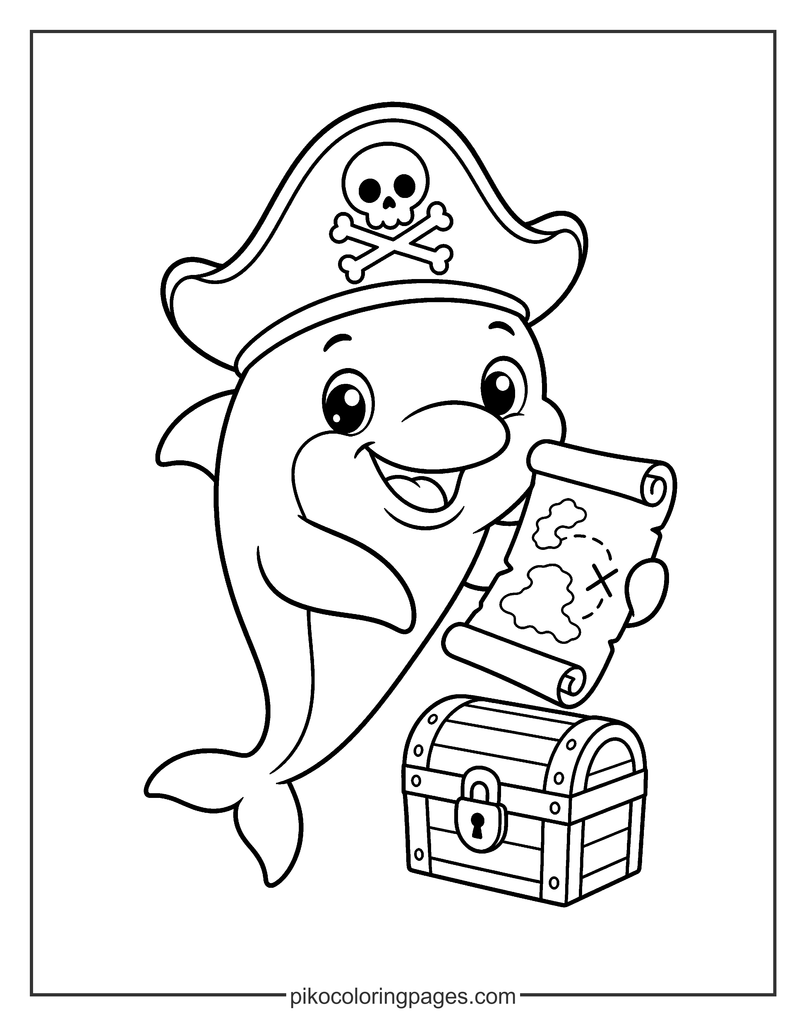 Ahoy! This dolphin is searching for hidden treasure. pirate dolphin with treasure map coloring page