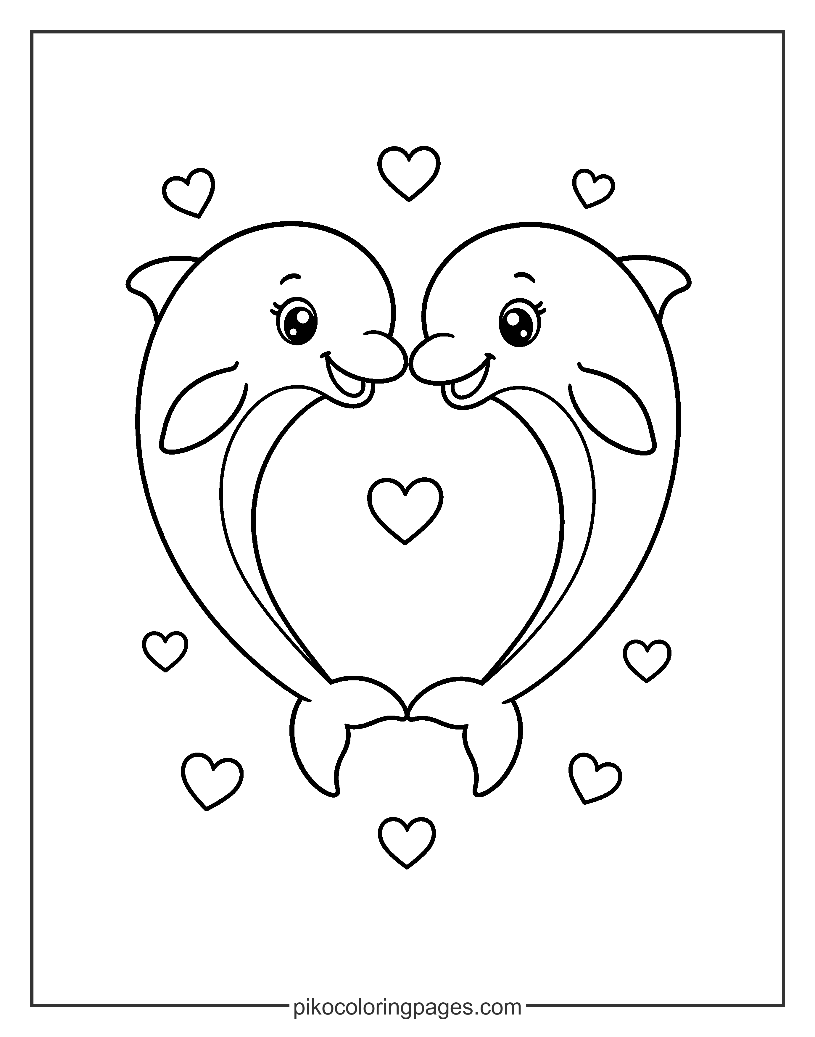 Double the dolphins, double the love! two cute dolphins heart shape coloring page