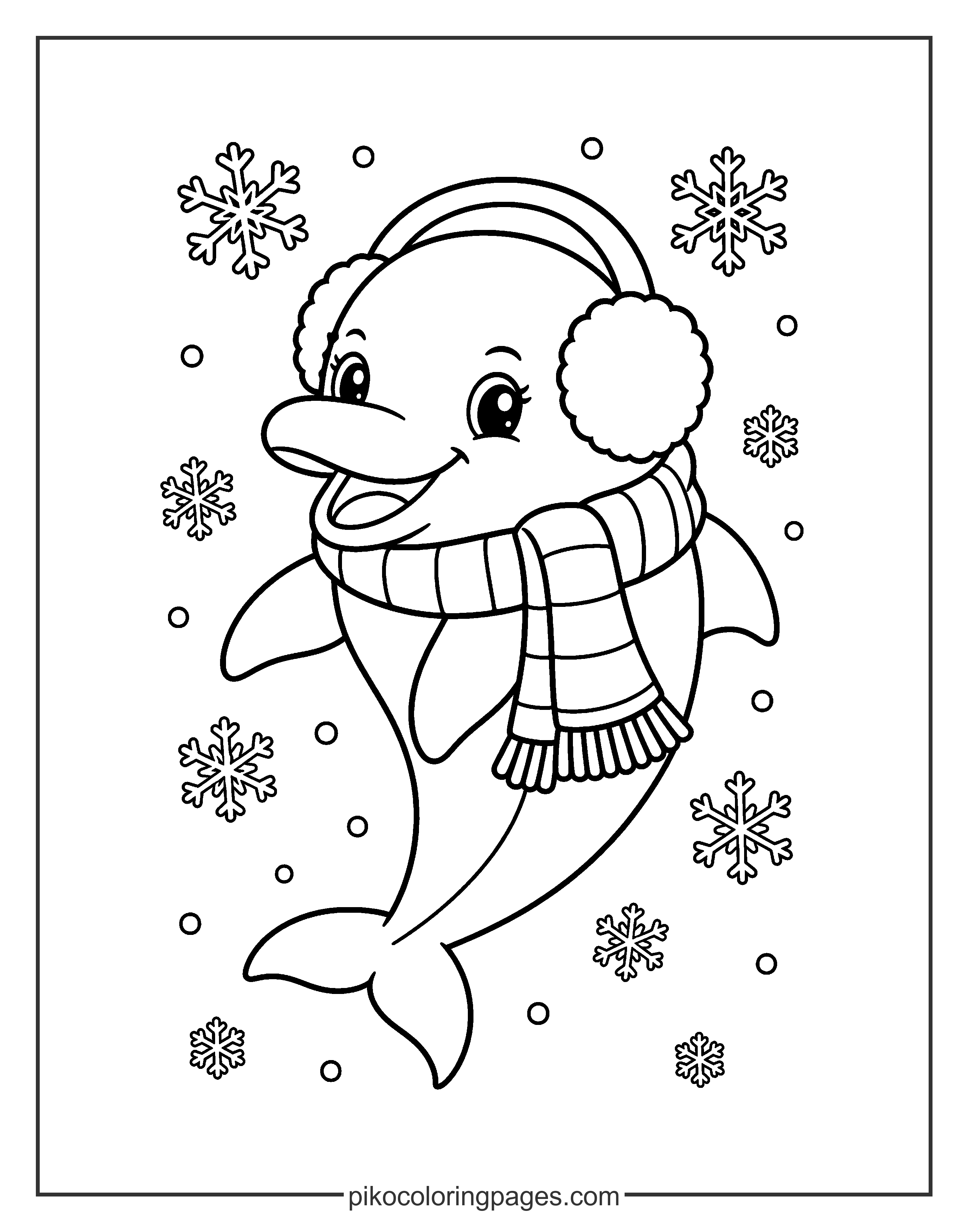 A dolphin staying warm during the winter! winter themed cute dolphin coloring page with scarf