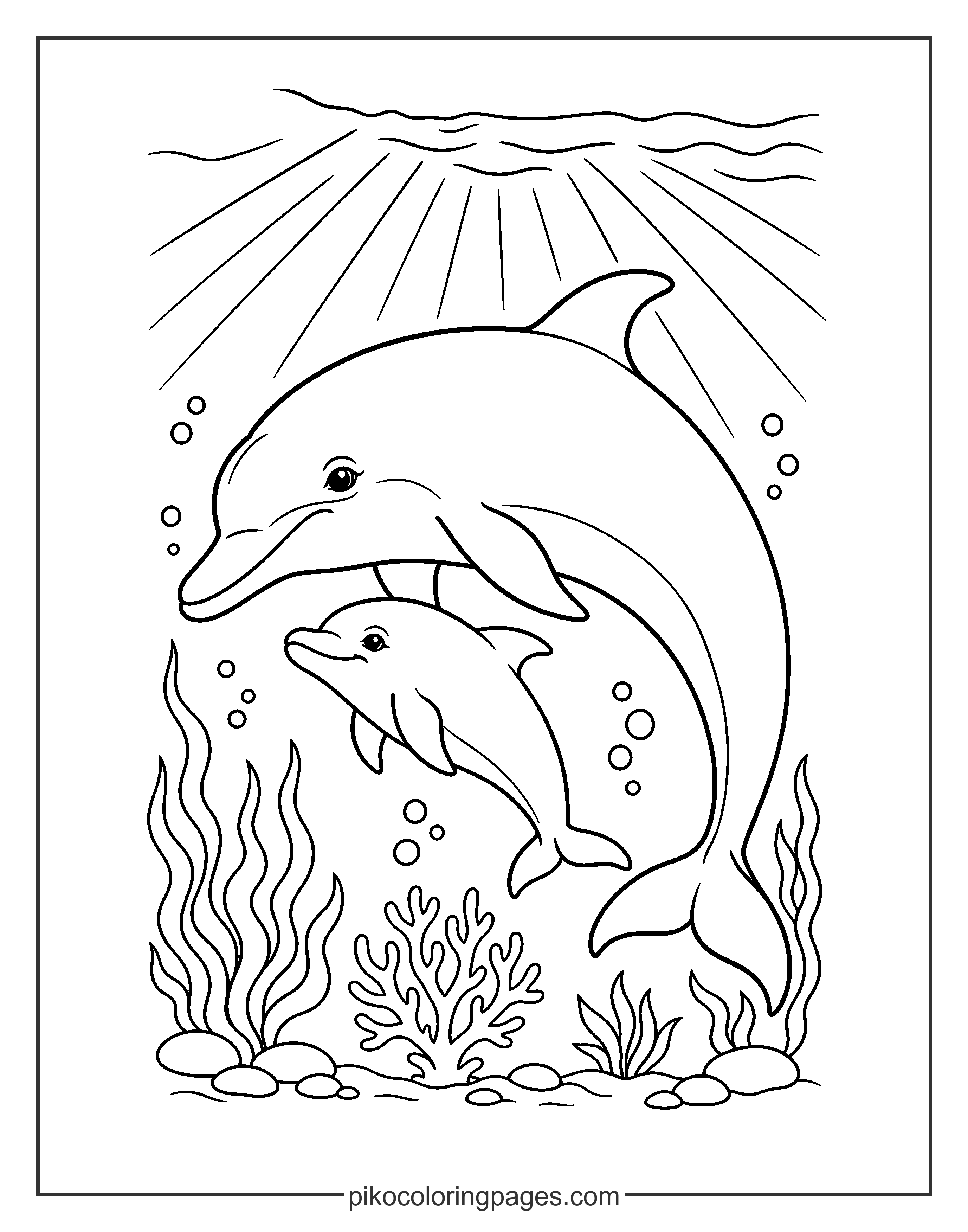 A tender moment between a mother dolphin and her calf. mother and baby dolphin swimming coloring page