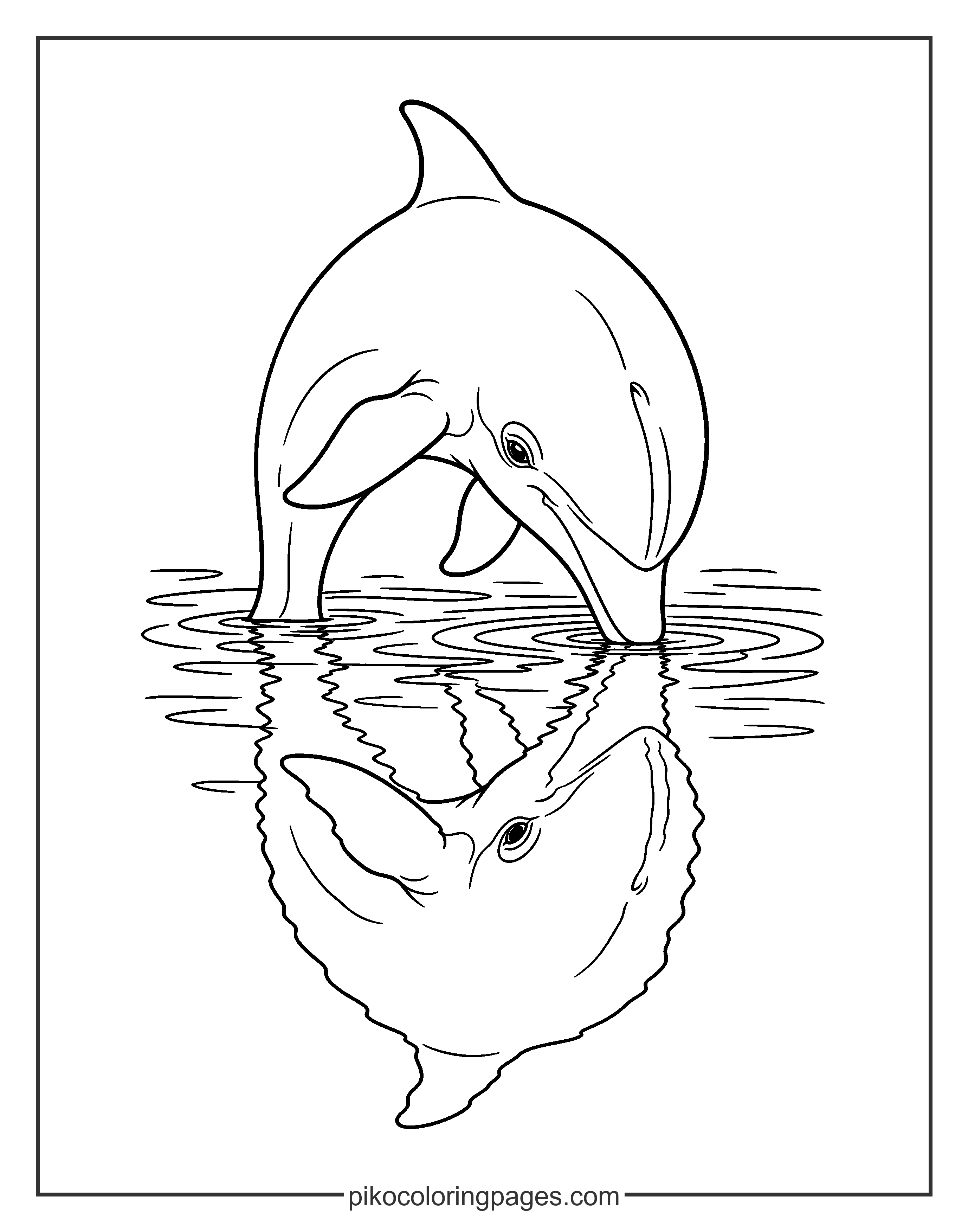 A peaceful dolphin seeing itself in the water. realistic dolphin reflection in water coloring page