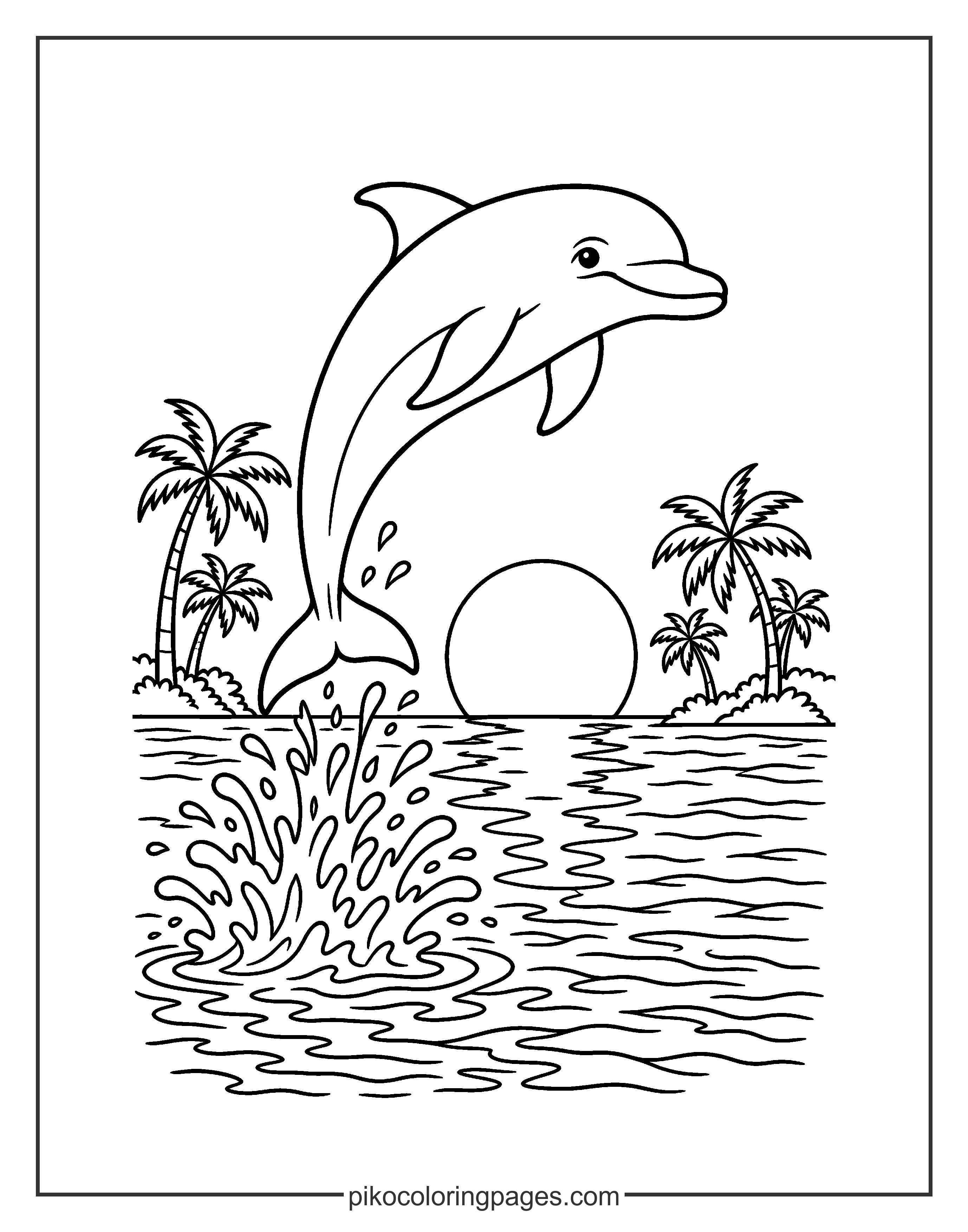 A beautiful sunset jump in the tropics. realistic dolphin sunset coloring page with palm trees