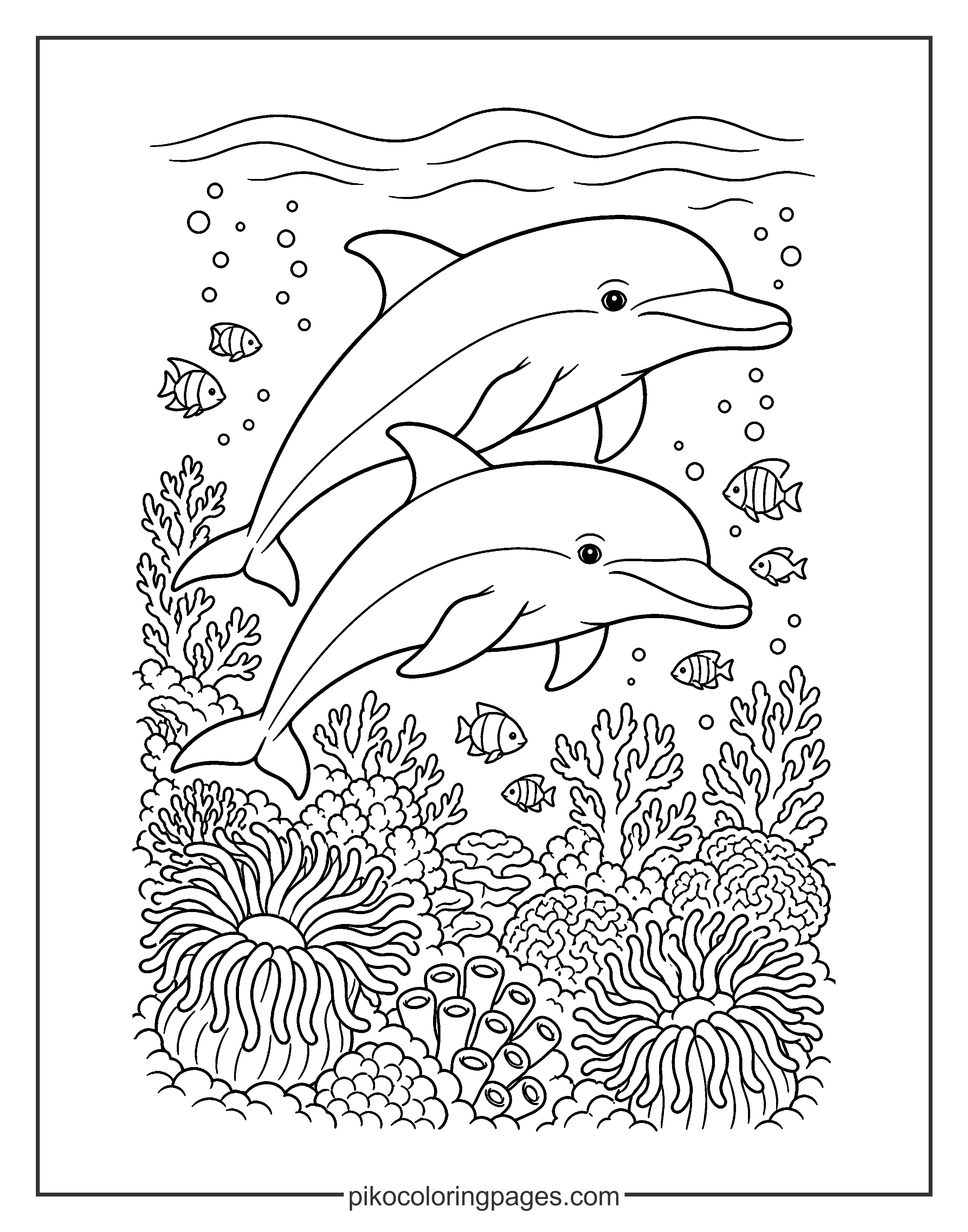 A pair of dolphins exploring a beautiful coral reef. realistic dolphins swimming in coral reef coloring page