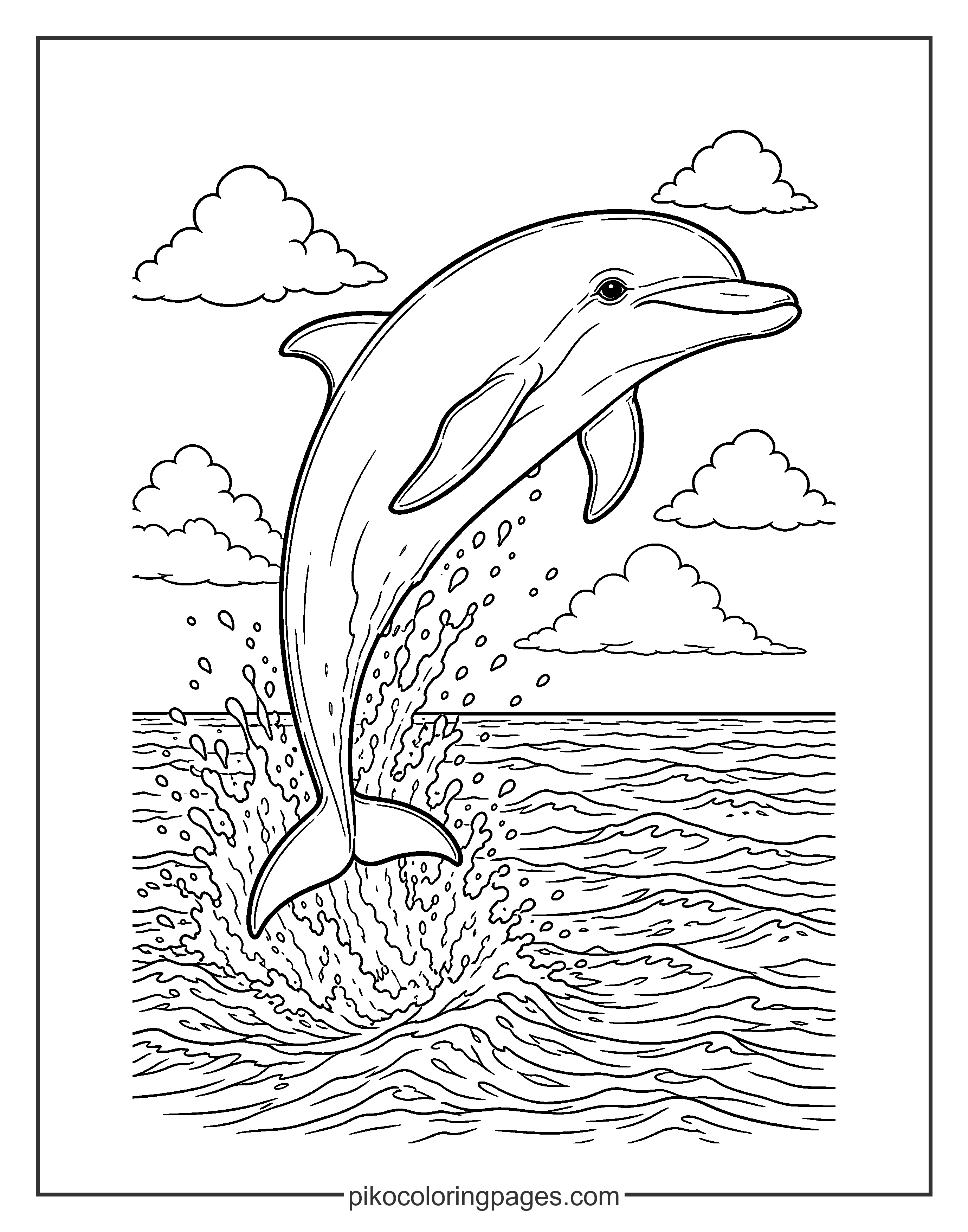 A majestic bottlenose dolphin leaping through the air. realistic jumping bottlenose dolphin coloring page for students