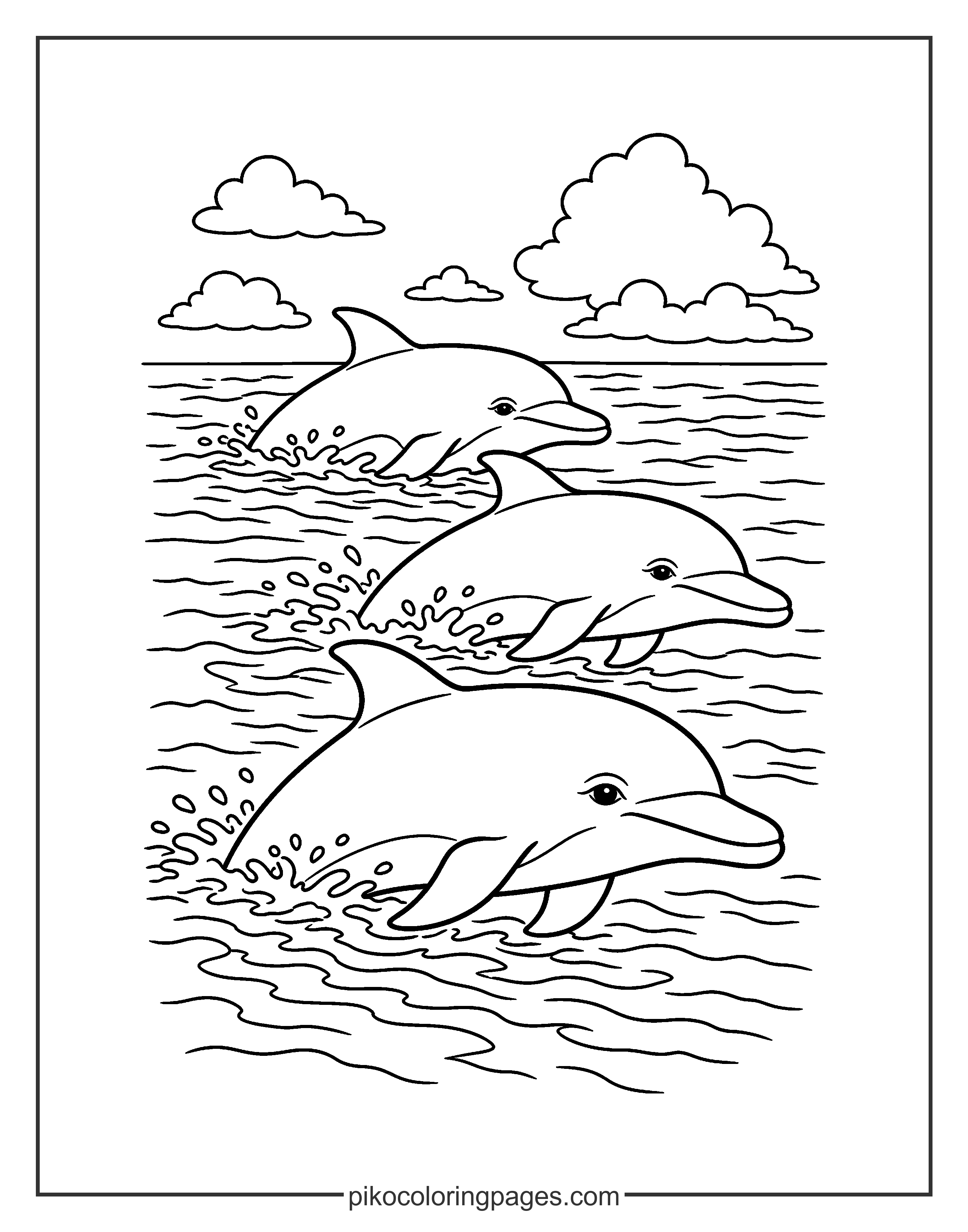A group of dolphins traveling through the sea. realistic pod of dolphins coloring page for students