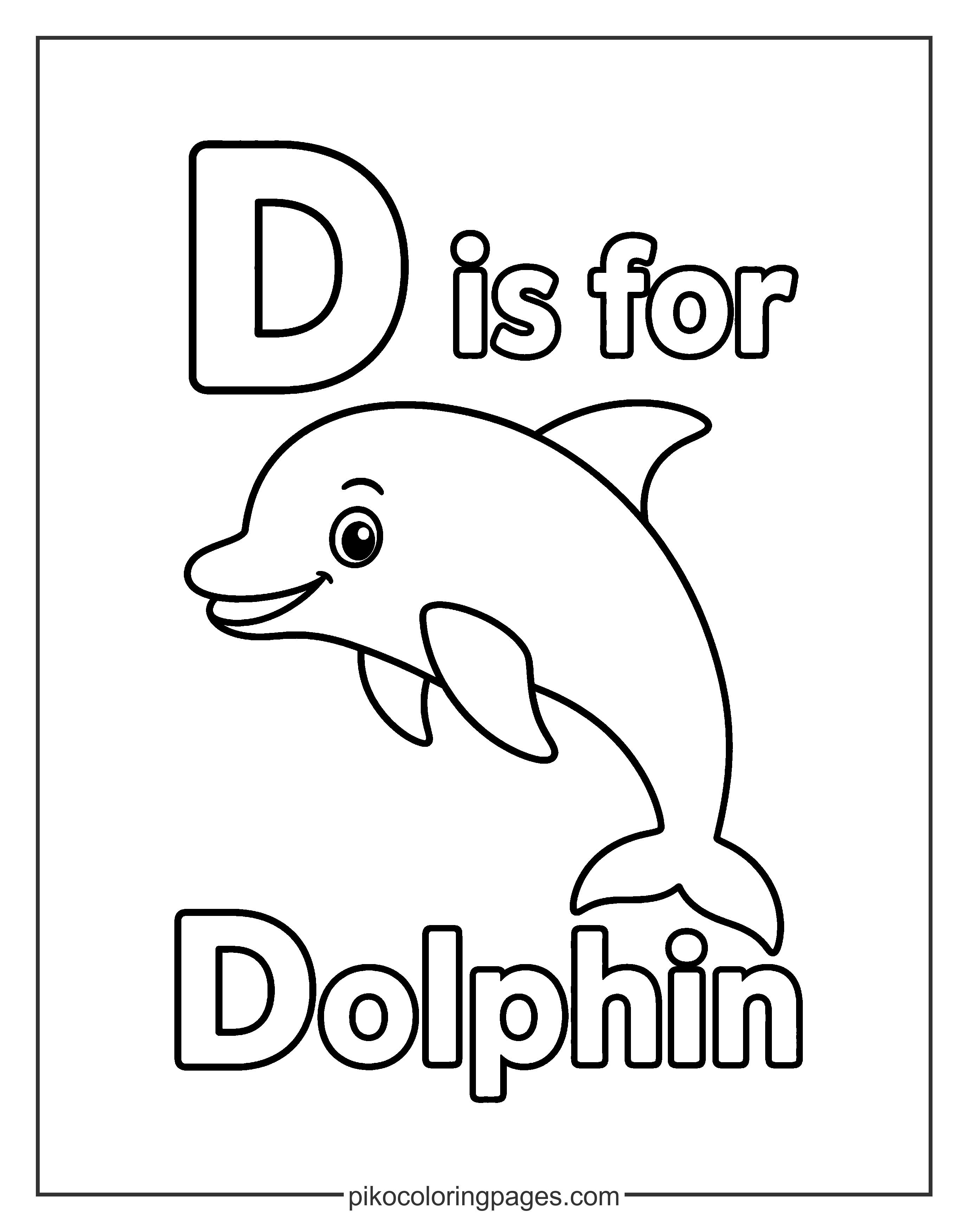 Learn the letter D with this friendly dolphin! D is for Dolphin educational coloring page for preschool