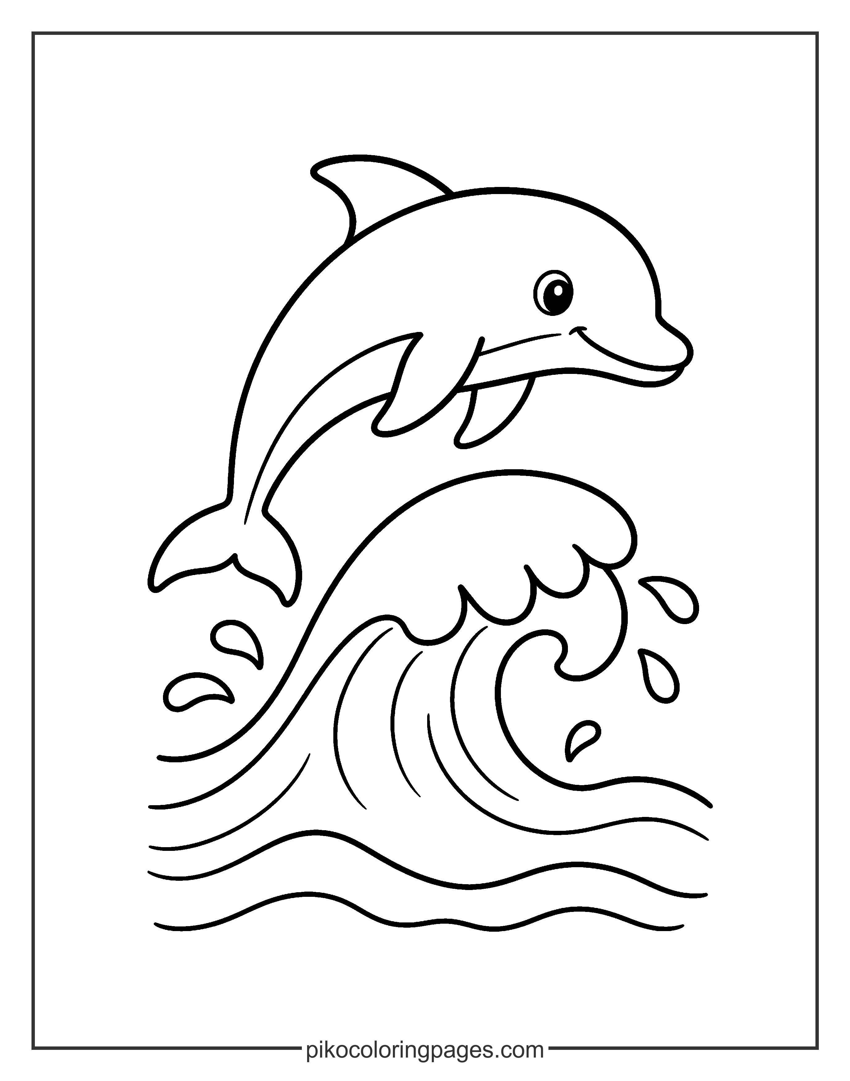 A simple wave and a happy dolphin. very simple dolphin and wave coloring page for kids