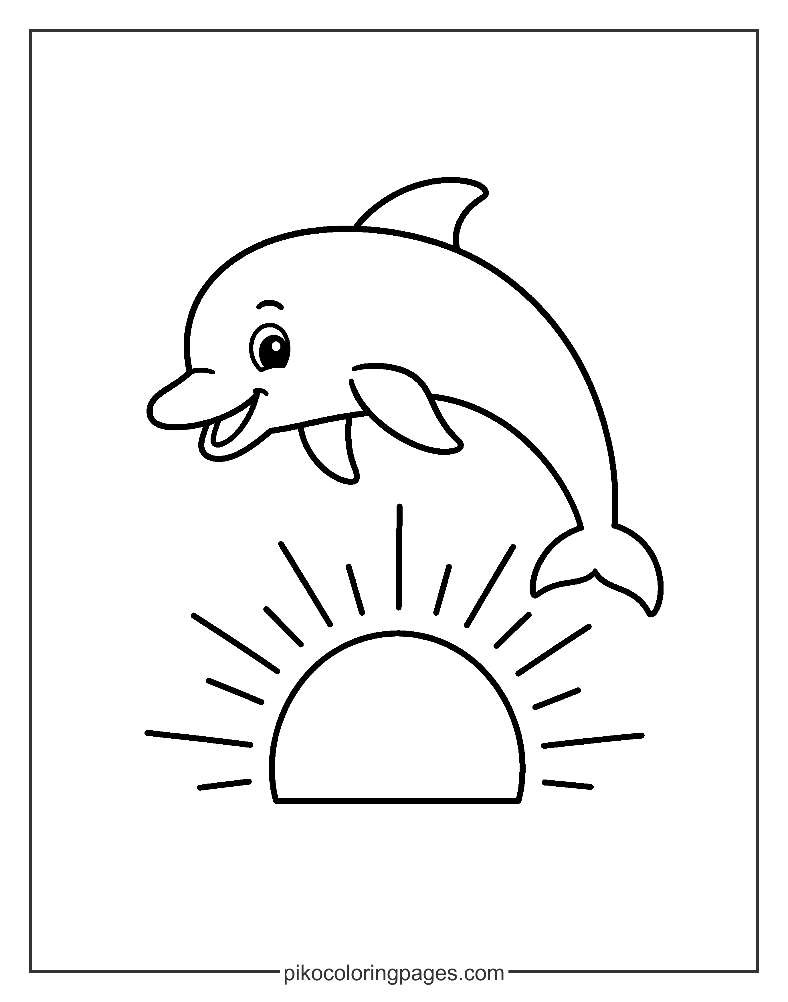 A happy dolphin and a big sun for easy coloring. simple dolphin and sun coloring page for toddlers