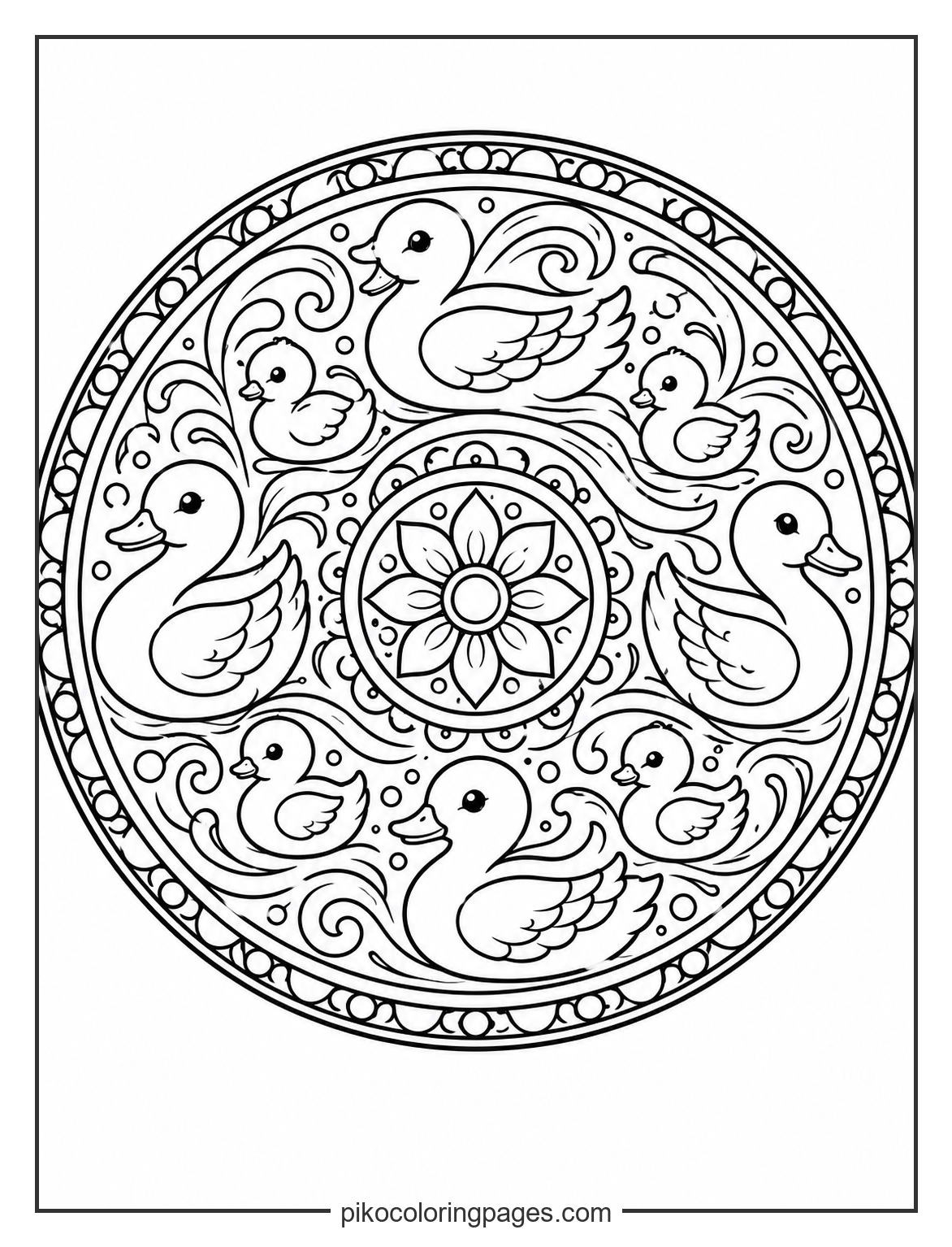 The circle of pond life in patterns. Circular mandala with ducks and water swirls coloring page