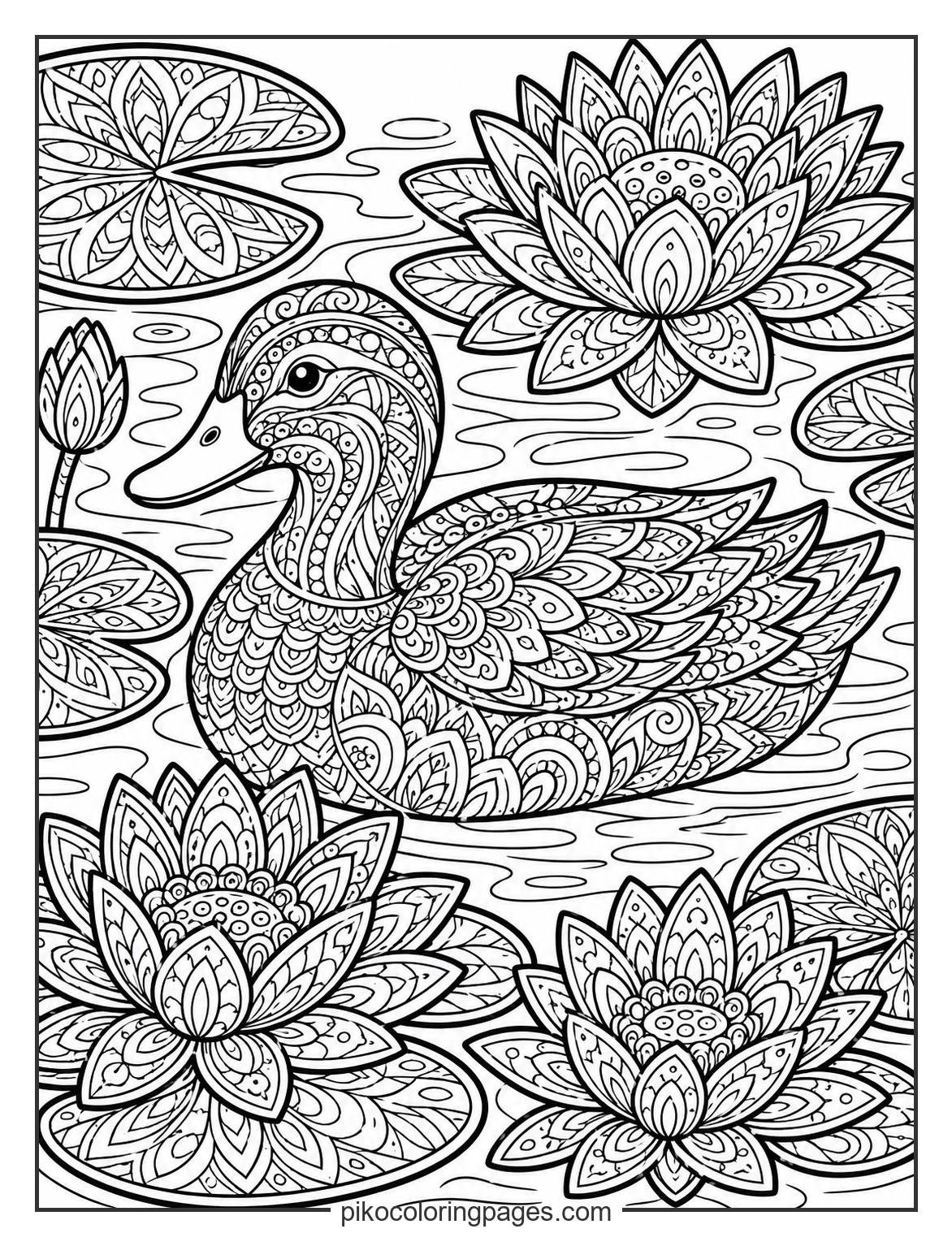 A complex dance of patterns and nature. Zentangle duck and water lilies mandala coloring page