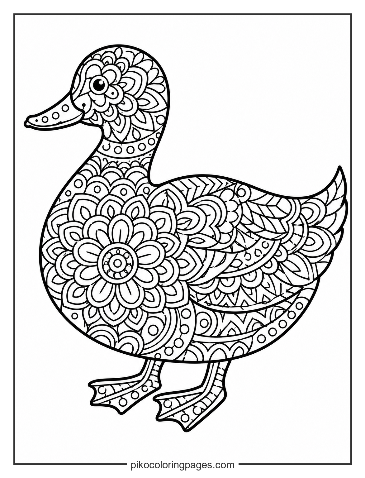 A sophisticated geometric take on the duck's form. Intricate duck mandala coloring page for older kids and adults