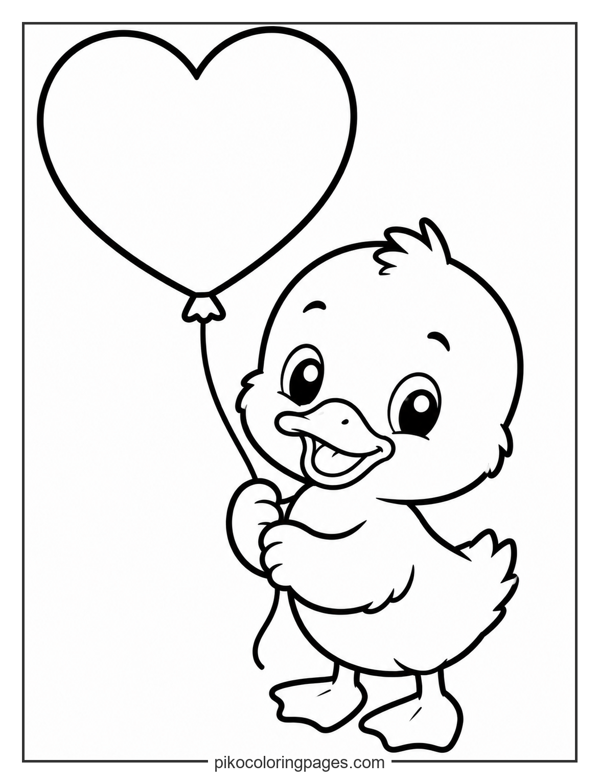 A floaty friend for a little bird. Easy duckling with heart balloon coloring page for toddlers