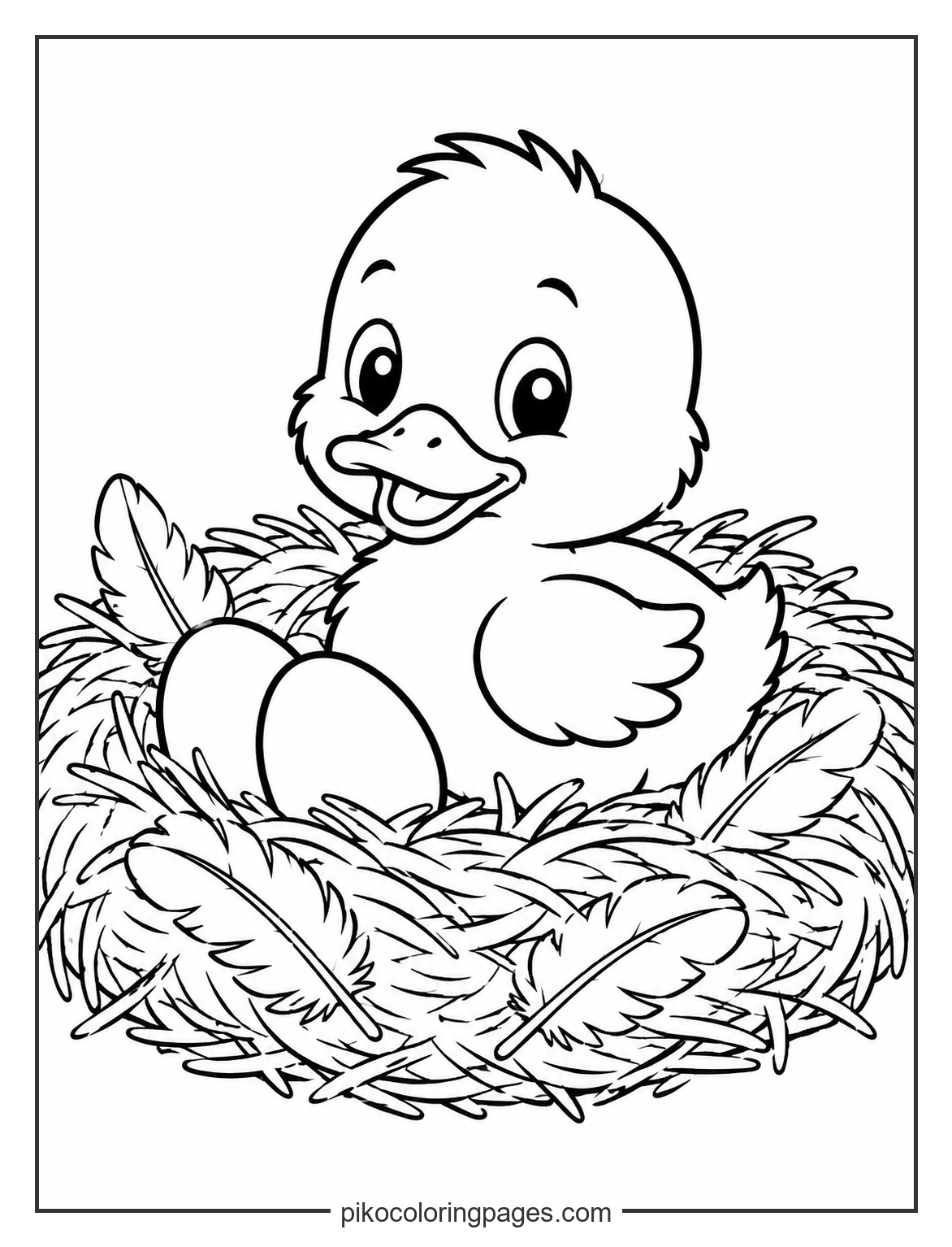 Safe and sound in the home nest. Simple duckling in a nest with eggs coloring page for kids