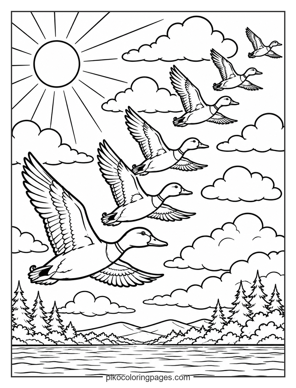 Migration in motion high above the ground. Flock of ducks flying in V-formation coloring page