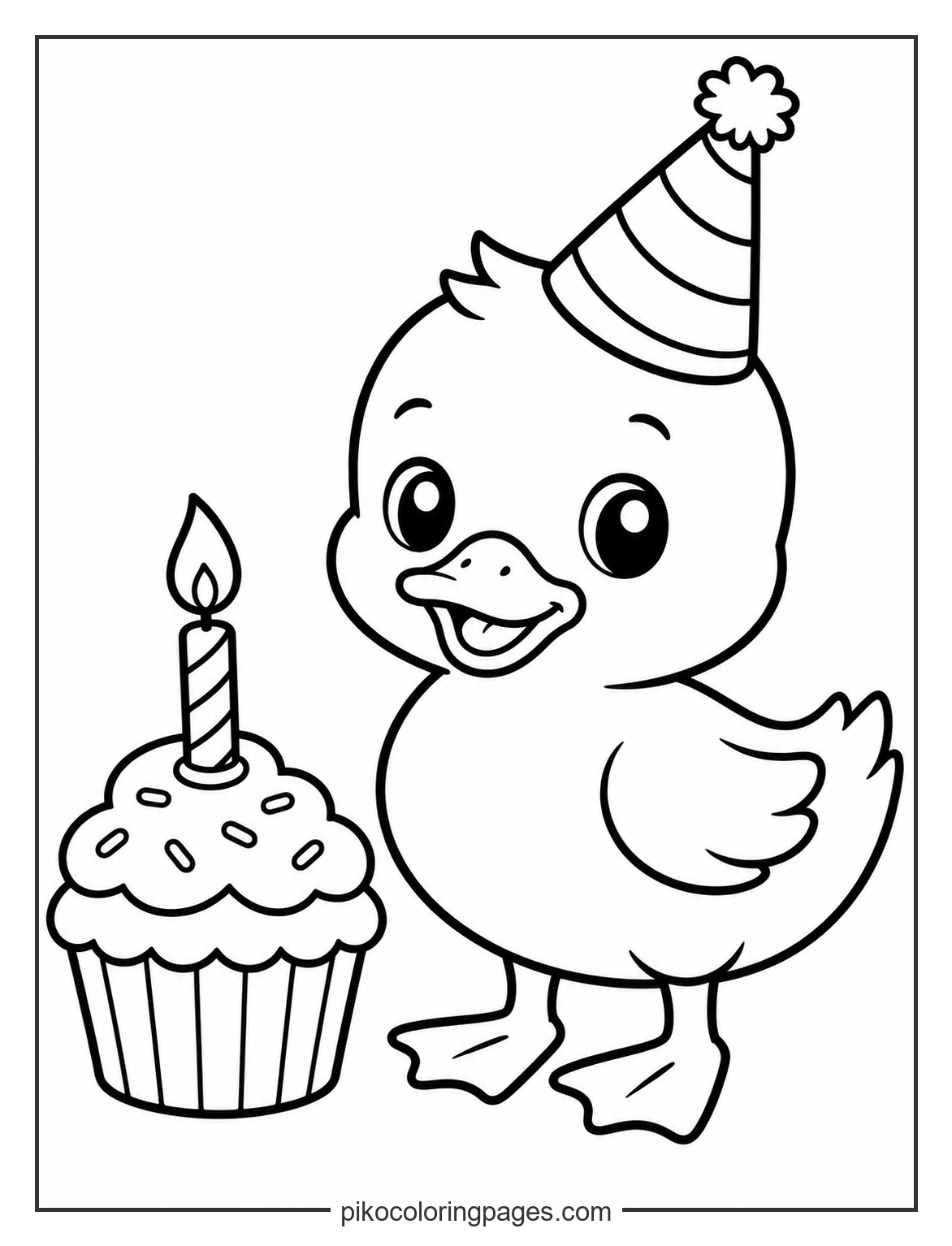 Making a wish with a pond-side treat. Kawaii birthday duckling with cupcake coloring page