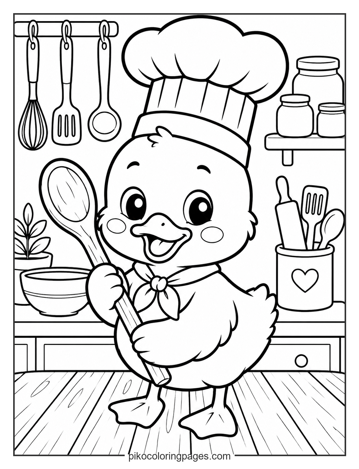Cooking up something special in the pond kitchen. Kawaii duck chef coloring page for kids