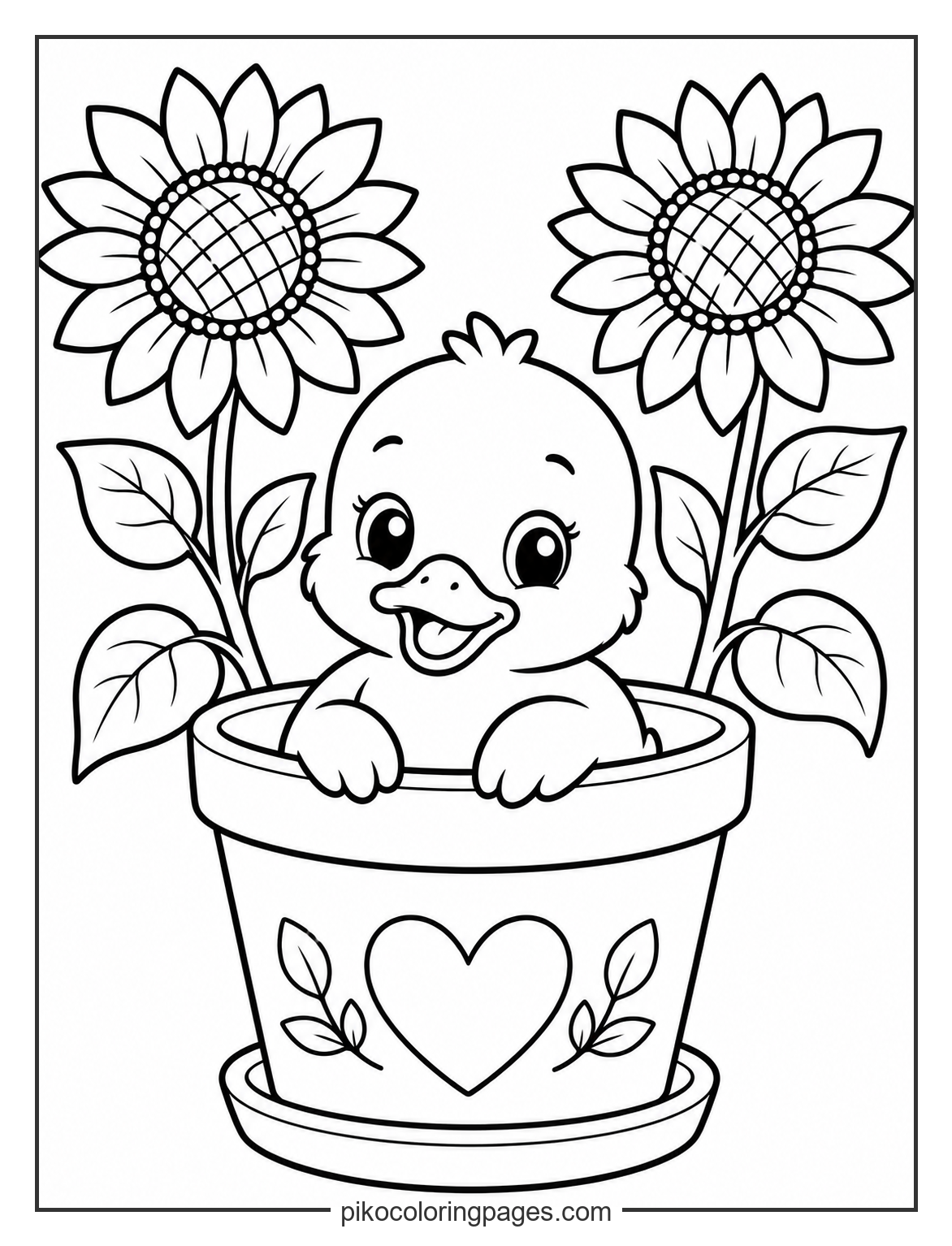 A different kind of garden sprout. Kawaii duckling sitting in a flower pot coloring page