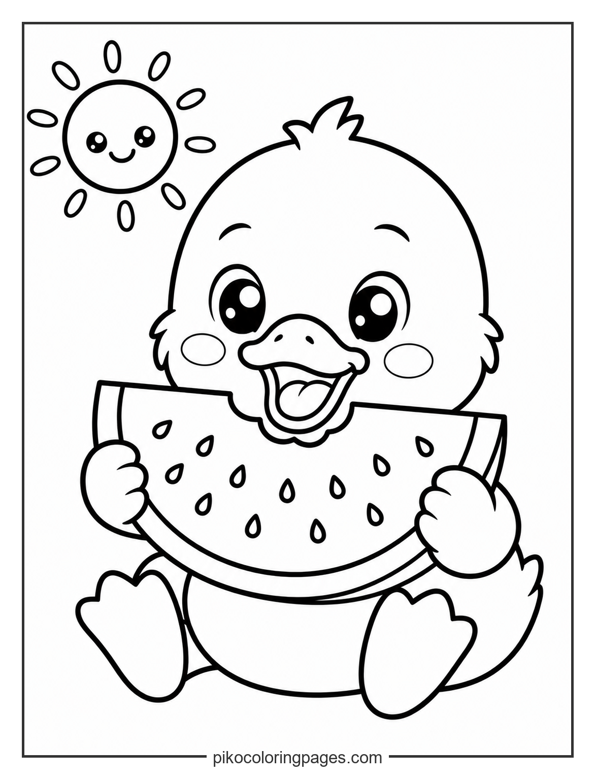 A refreshing summer snack for a tiny friend. Kawaii duckling eating watermelon summer coloring page