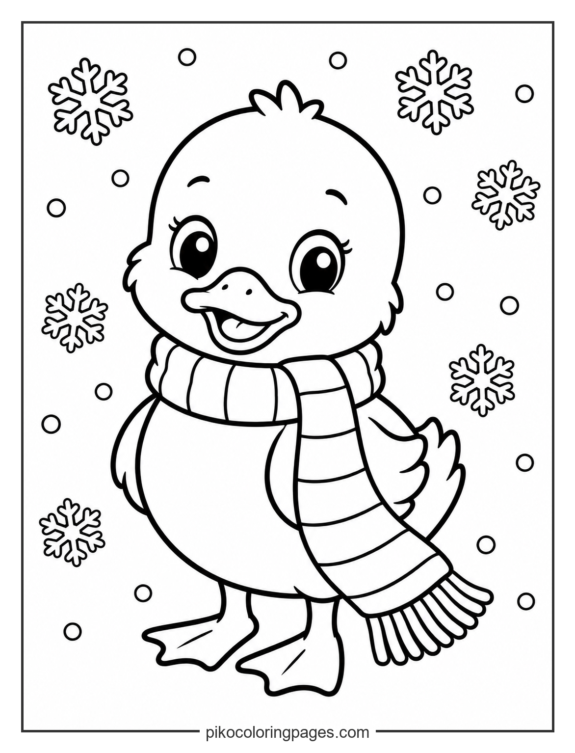 Bundled up for the chilly winter air. Kawaii duckling wearing a scarf winter coloring page