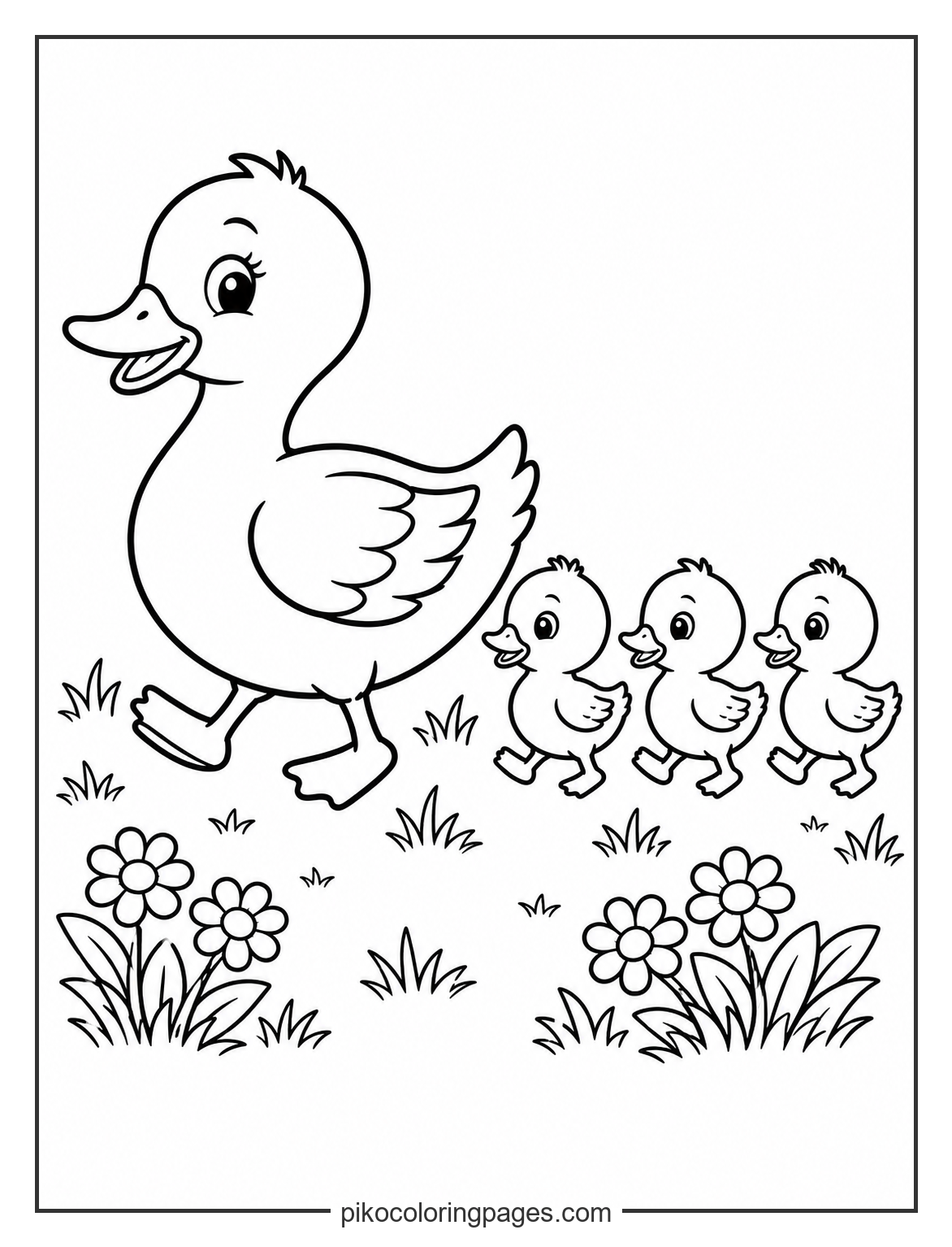 A family stroll across the meadow. Mother duck and three ducklings walking in a line coloring page