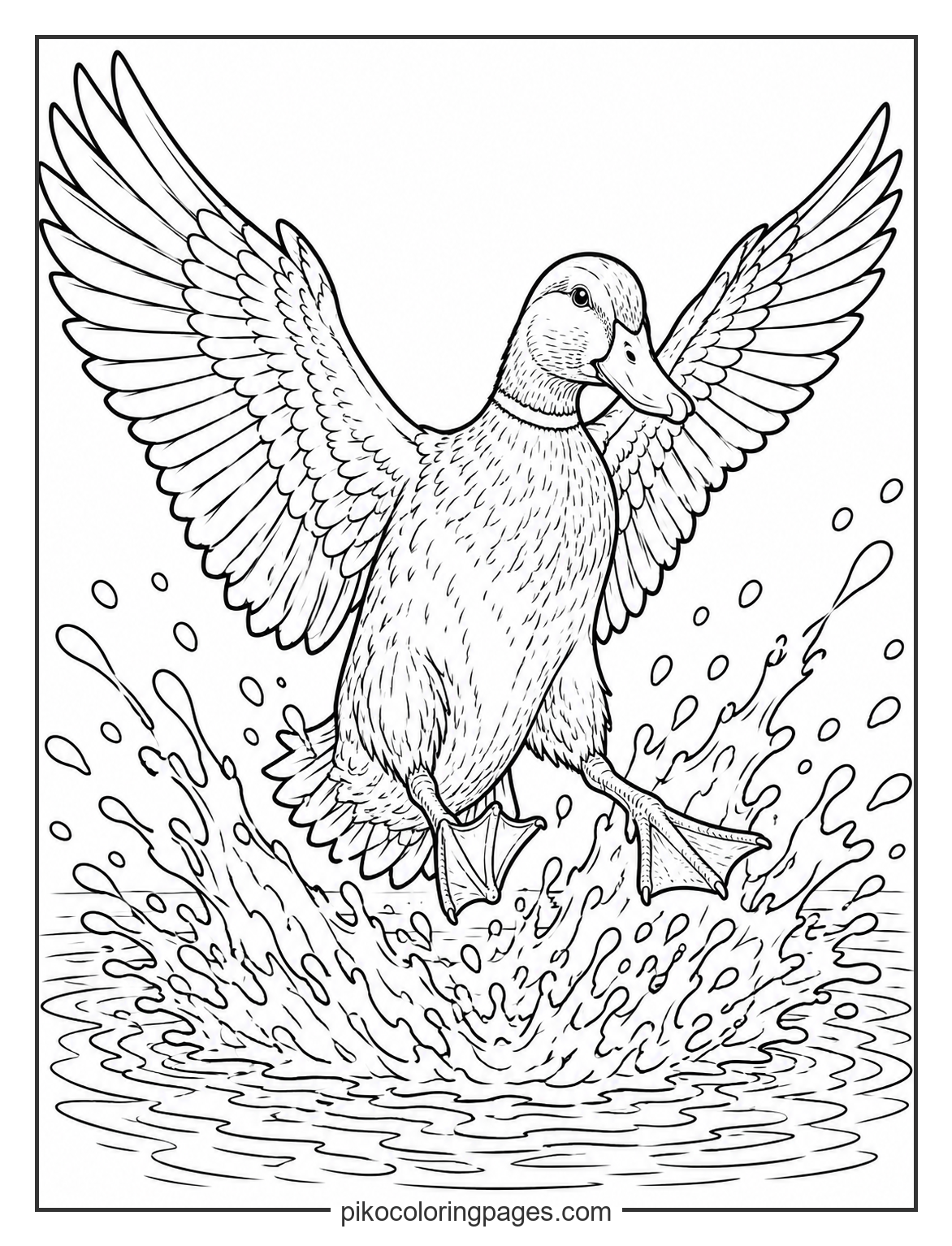 The perfect splashdown after a long flight. Realistic duck landing on water with wings spread coloring page