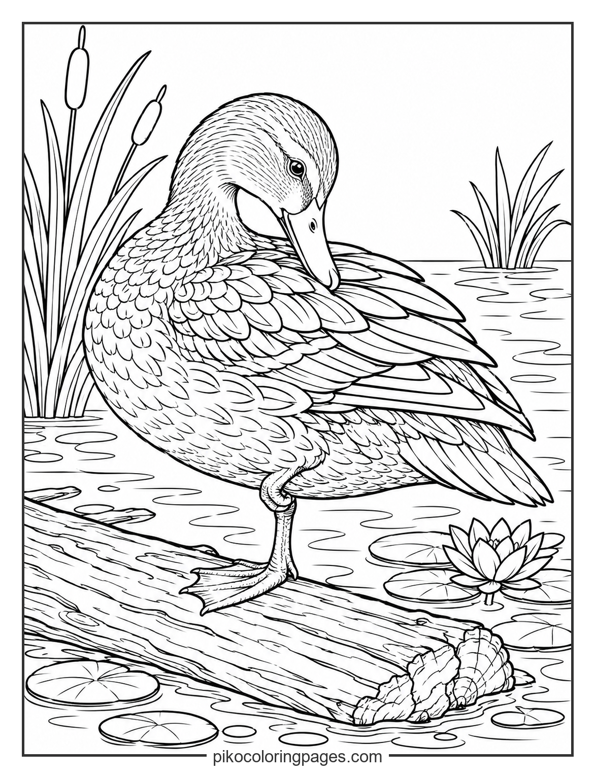 Keeping feathers clean and waterproof. Realistic duck preening feathers on a log coloring page