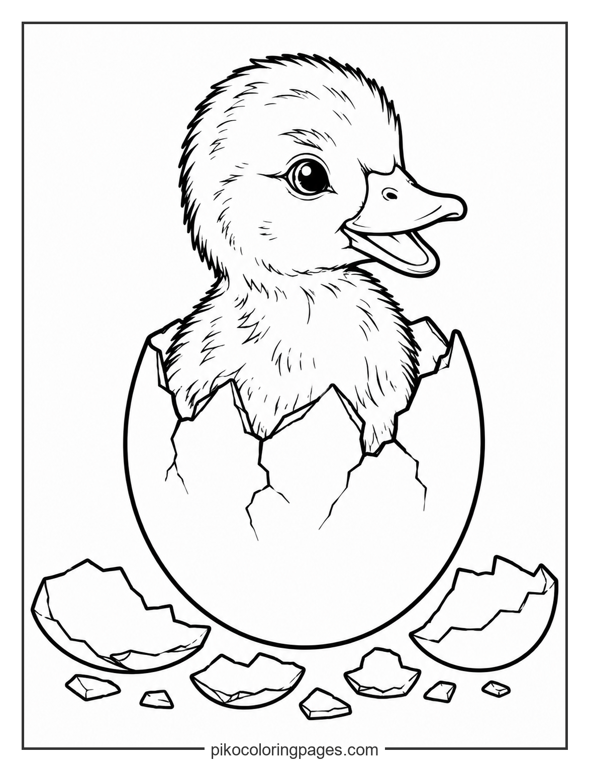 The very first moment of a duckling's life. Realistic duckling hatching from an egg coloring page
