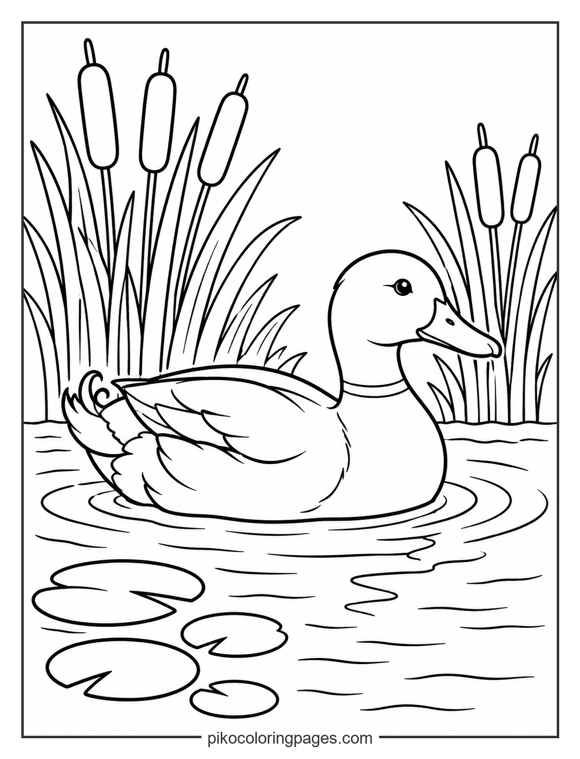 The iconic mallard in its natural pond habitat. Realistic mallard duck swimming in a pond with reeds coloring page
