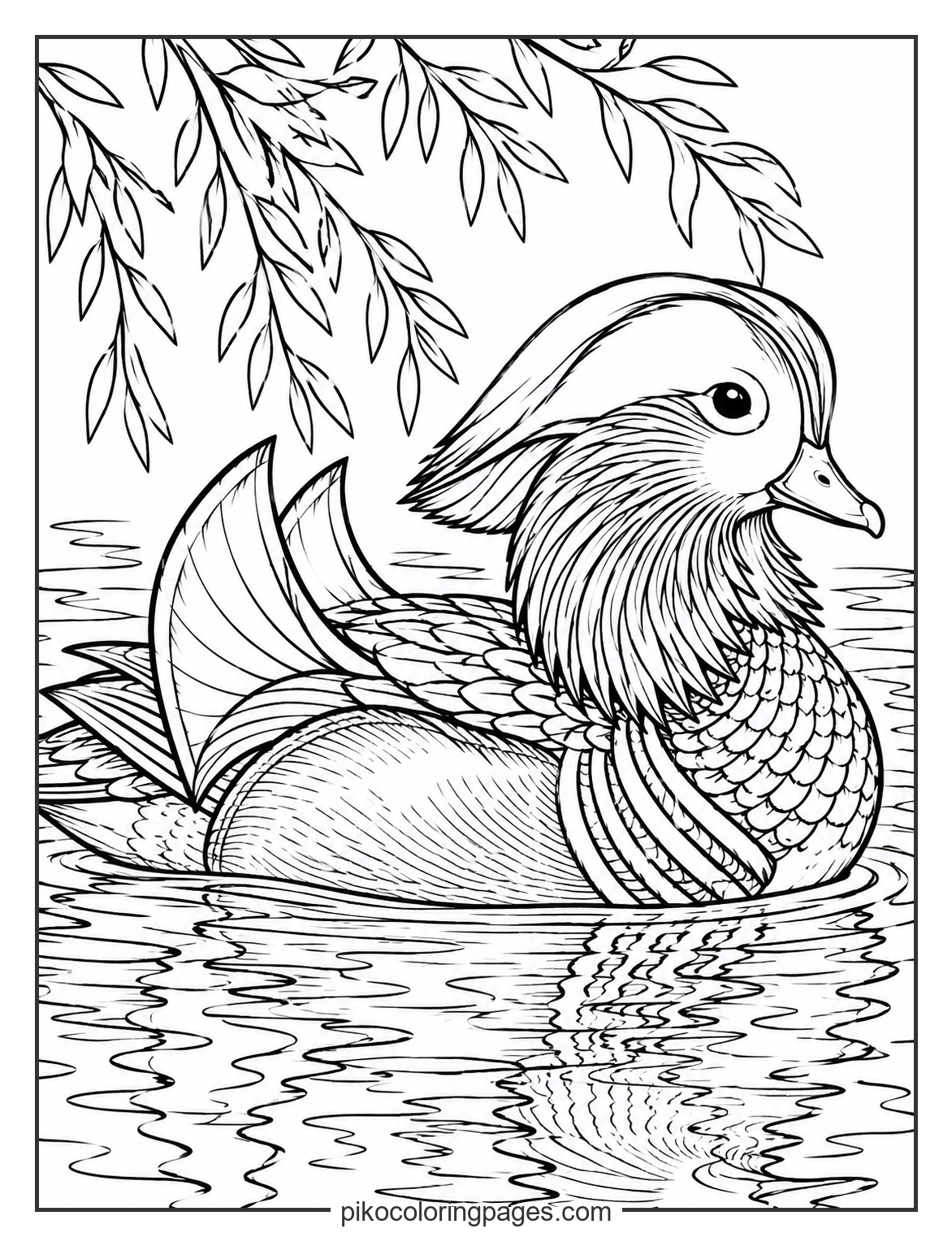 The most colorful duck in the world, in black and white. Realistic Mandarin duck coloring page with ornate feathers