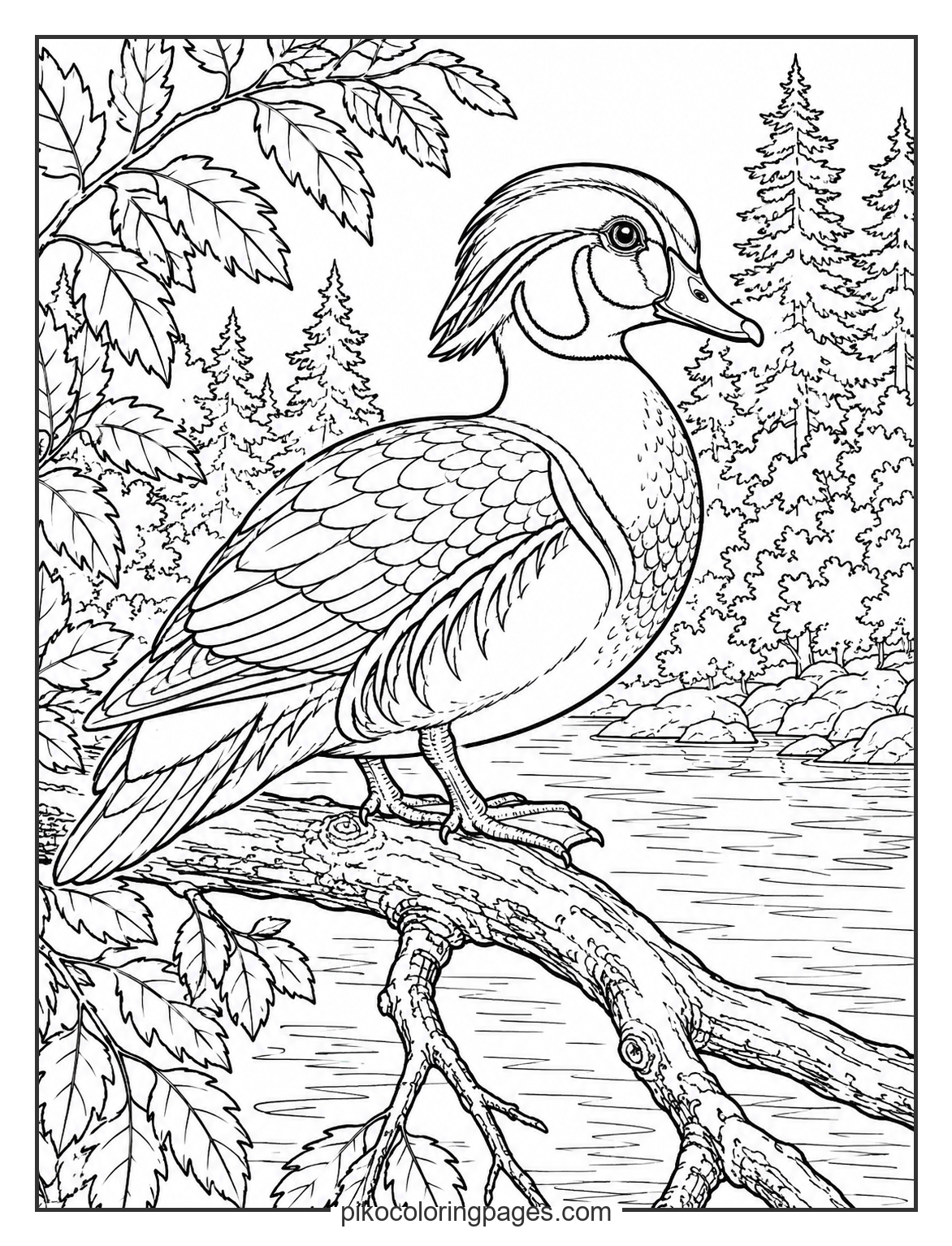 The uniquely patterned wood duck in the forest. Detailed wood duck on a tree branch coloring page
