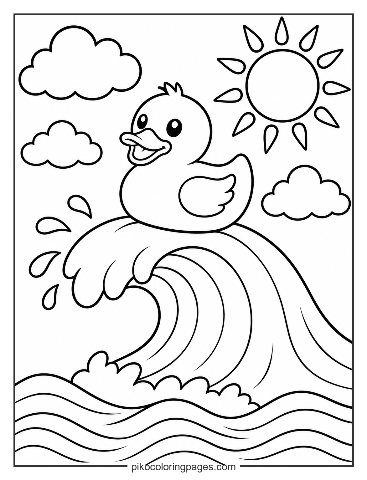 Catching a wave with a plastic pal. Simple rubber duck riding a wave coloring page for kids