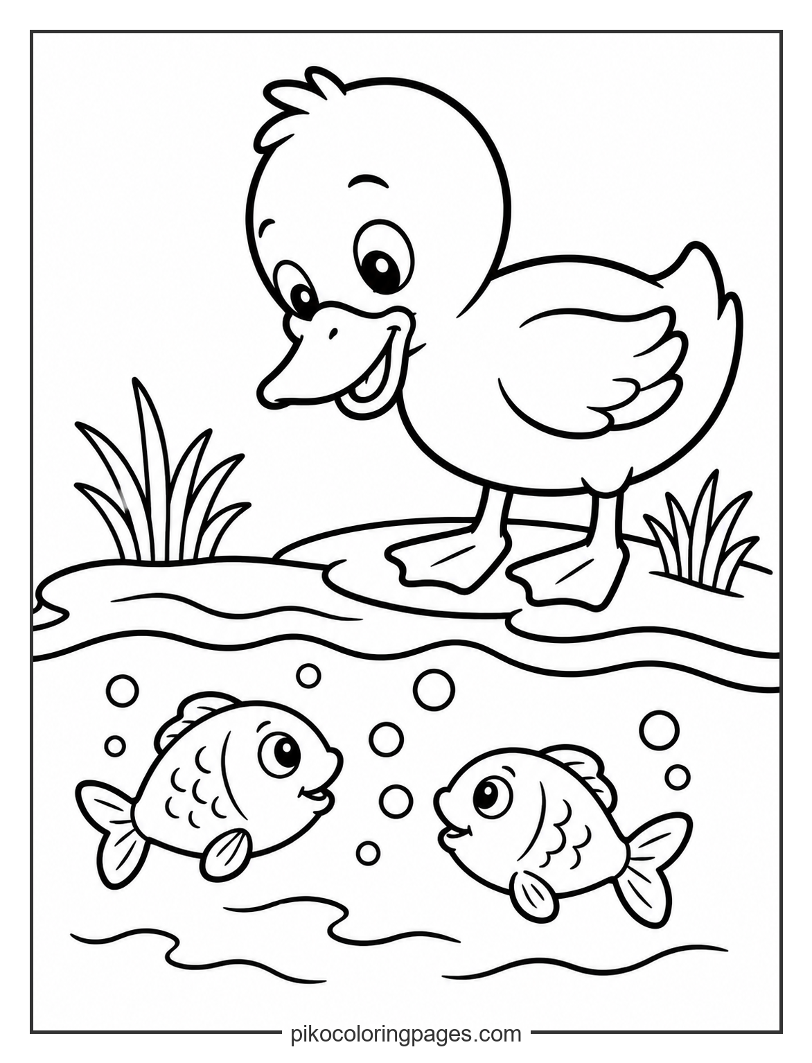 A friendly meeting at the pond's surface. Simple duck and fish pond coloring page for kids