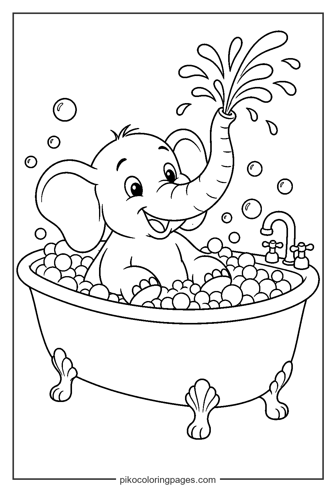 Splish splash! This elephant loves its bubble bath. baby elephant in a bubble bath coloring sheet for preschoolers