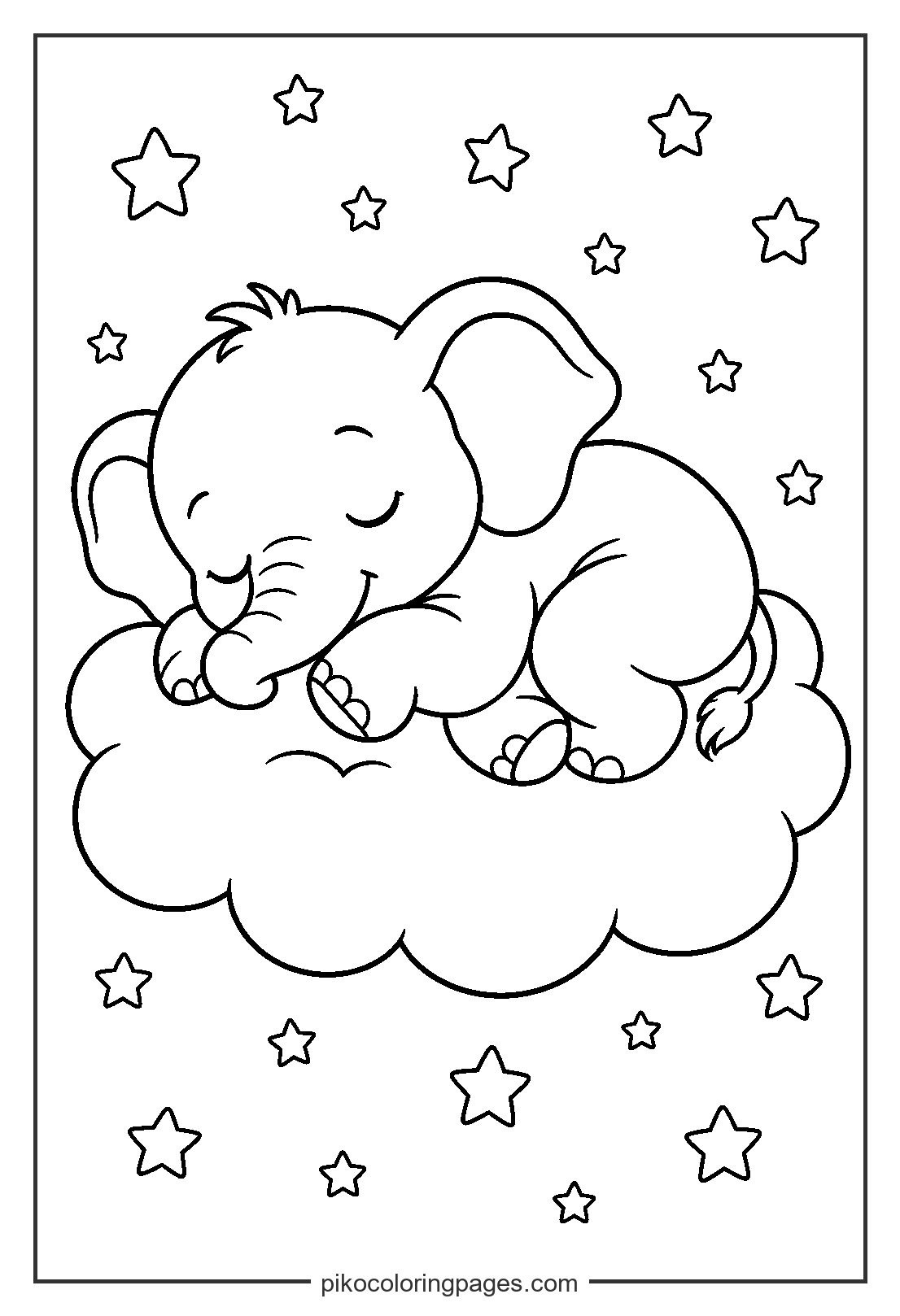 Sweet dreams for this little elephant on a soft cloud. baby elephant sleeping on a cloud coloring page