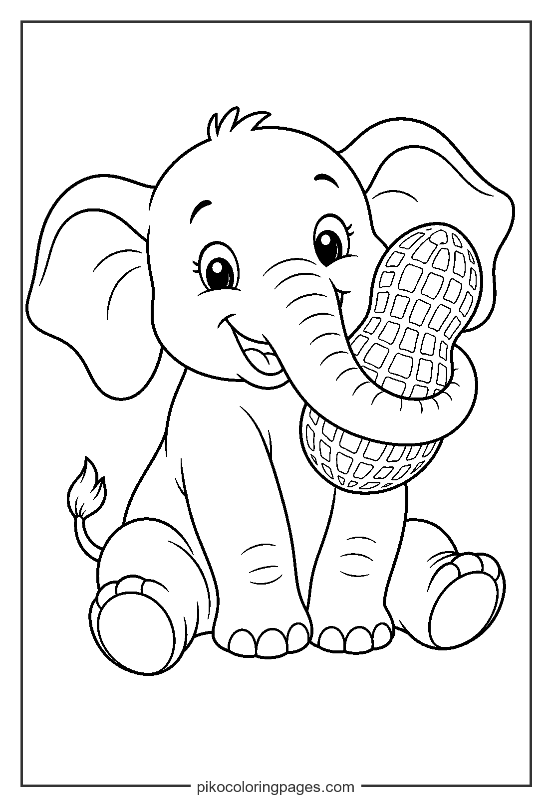A hungry little elephant enjoying a favorite peanut snack. cute elephant eating a peanut coloring page for toddlers