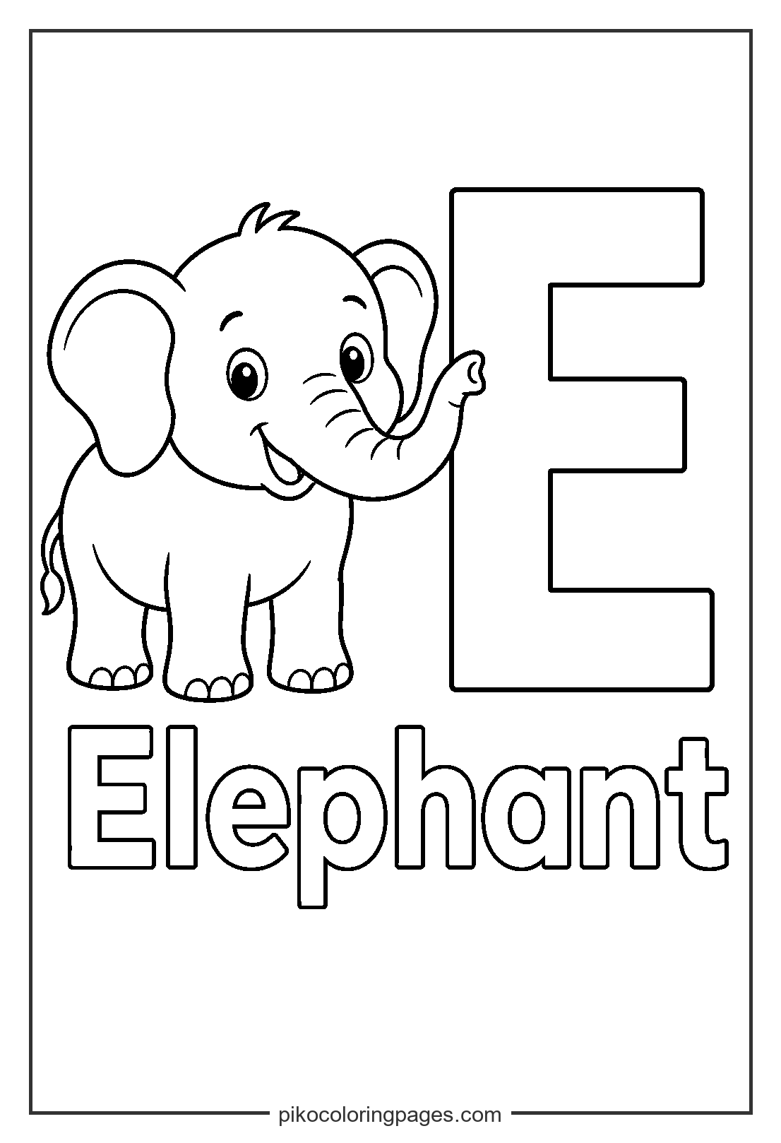 Learning the alphabet with our friend the elephant. E is for Elephant alphabet coloring page