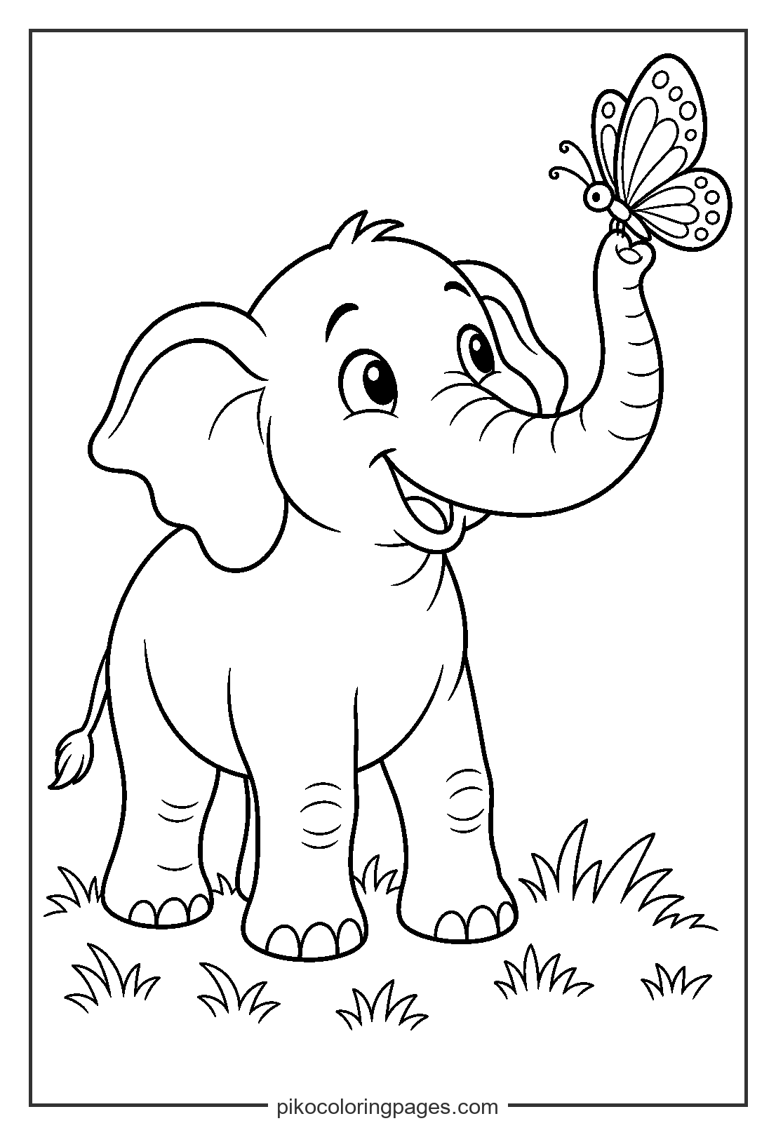A tiny visitor meets a giant friend. elephant and butterfly coloring page for preschoolers
