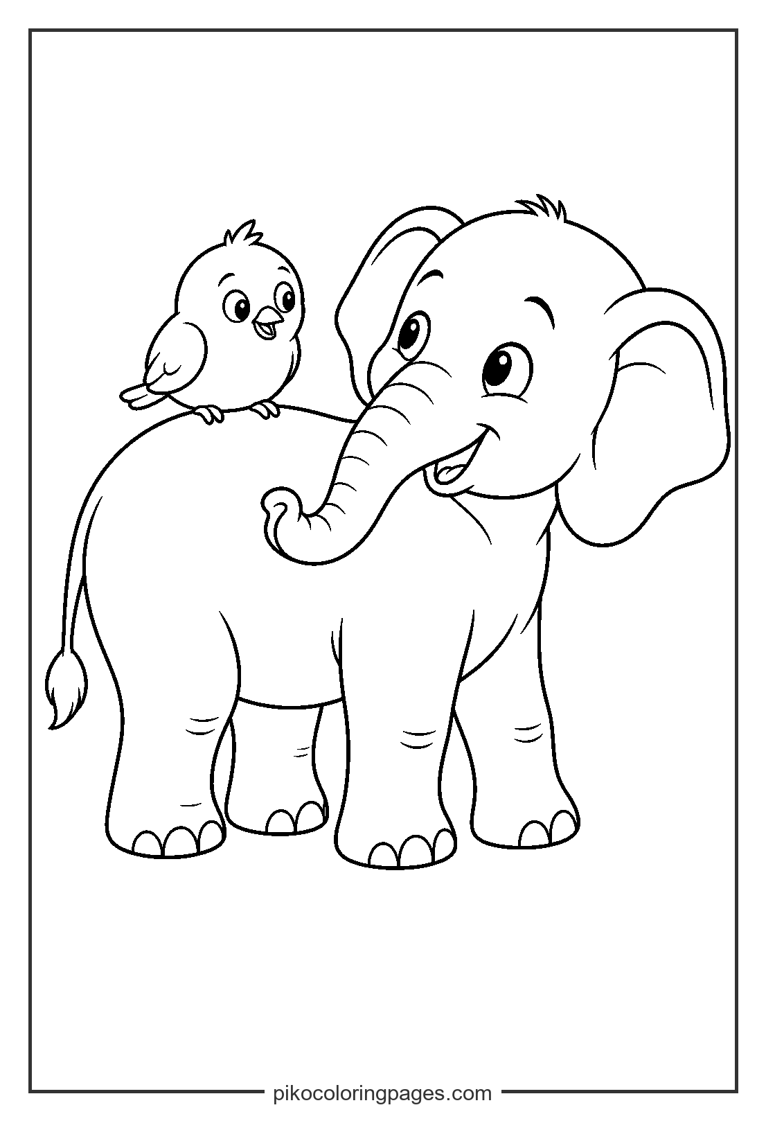 A big friend and a small friend spending time together. elephant and bird friend coloring page