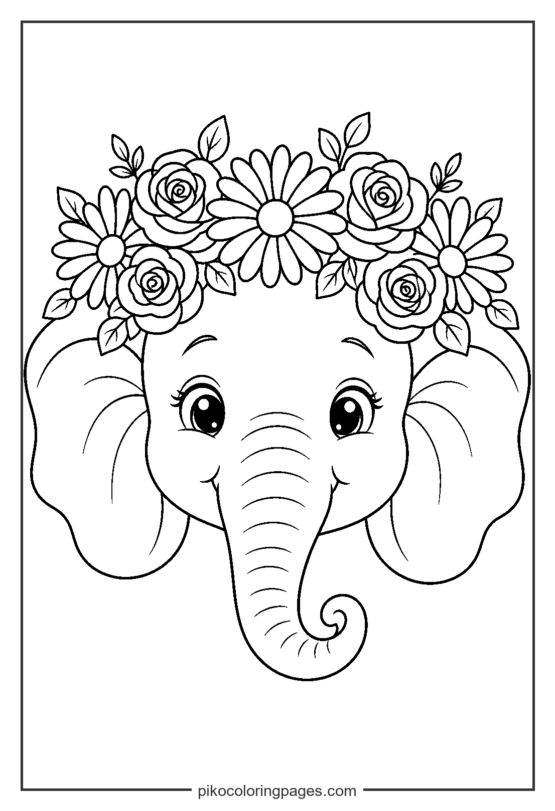 A stylish elephant ready for a garden party. baby elephant wearing a flower crown coloring page