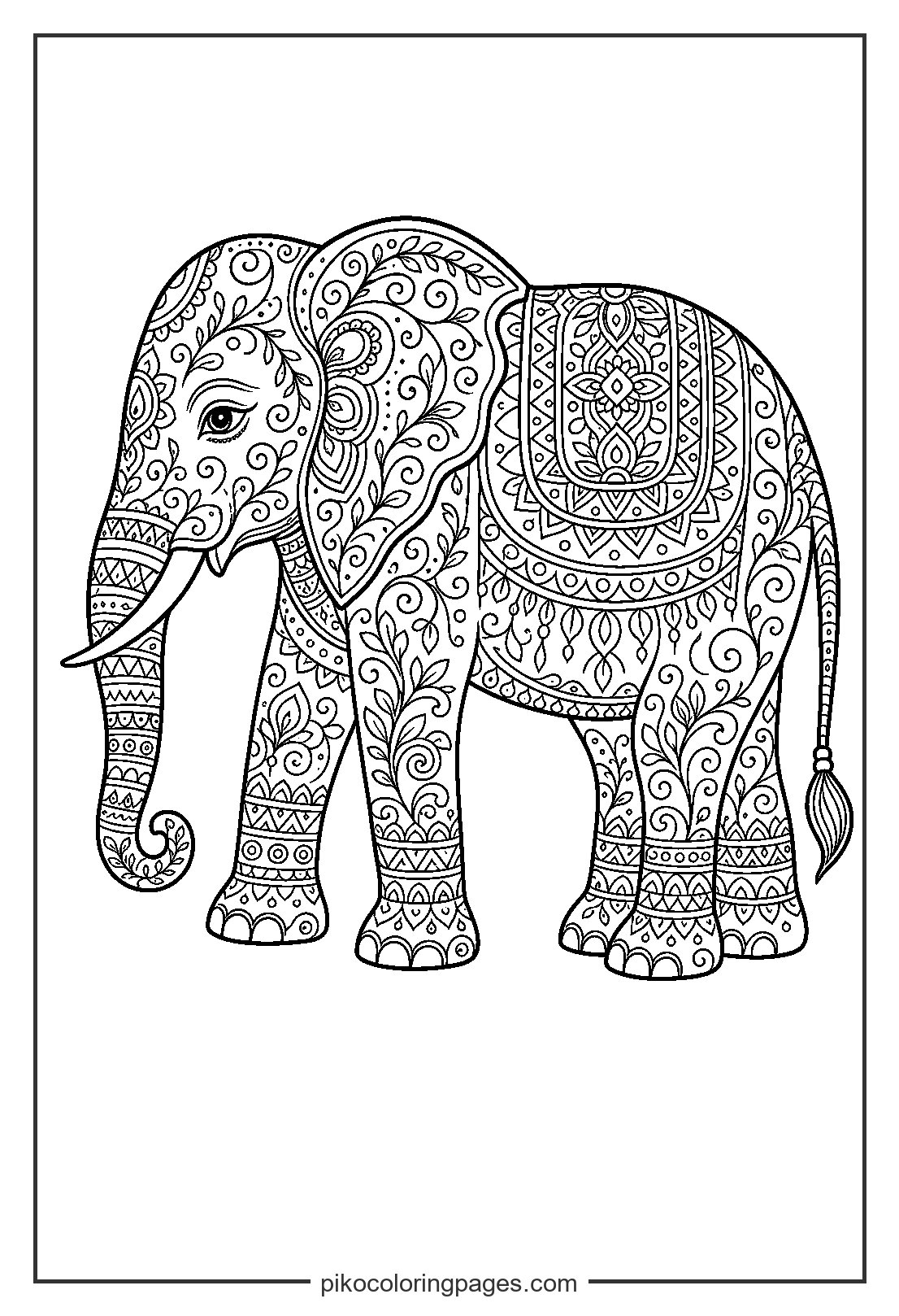 A beautifully decorated elephant inspired by henna art. full body henna elephant coloring page