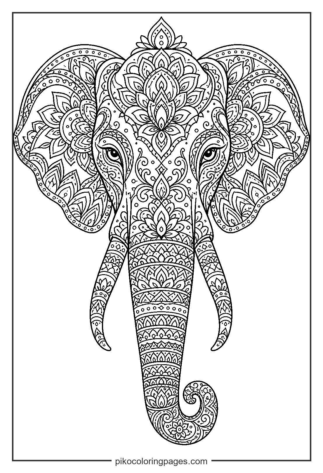 A stunning, detailed mandala design for advanced coloring. intricate mandala elephant head coloring page for adults